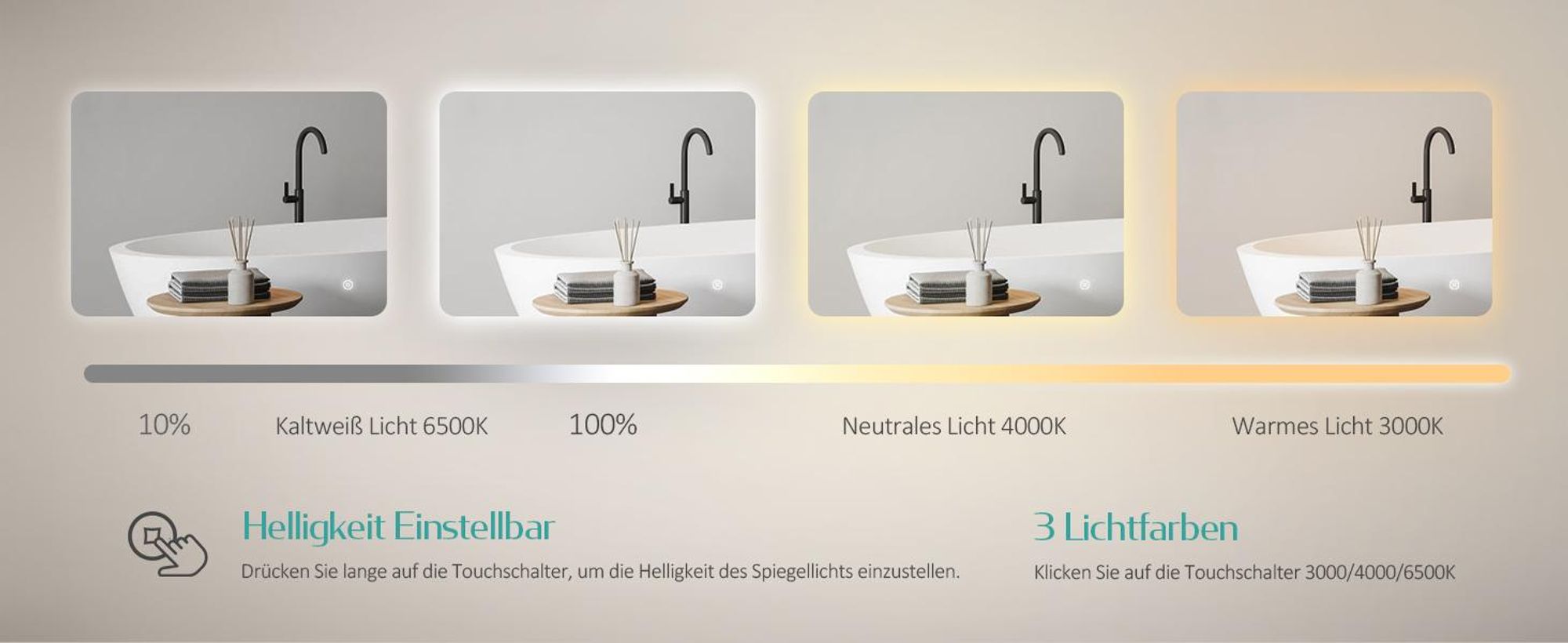 EMKE LED Badspiegel 100x60cm mit Beleuchtung 3 Lichtfarbe kaltweiß Neutral Warmweiß Lichtspiegel Badezimmerspiegel mit Touchschalter