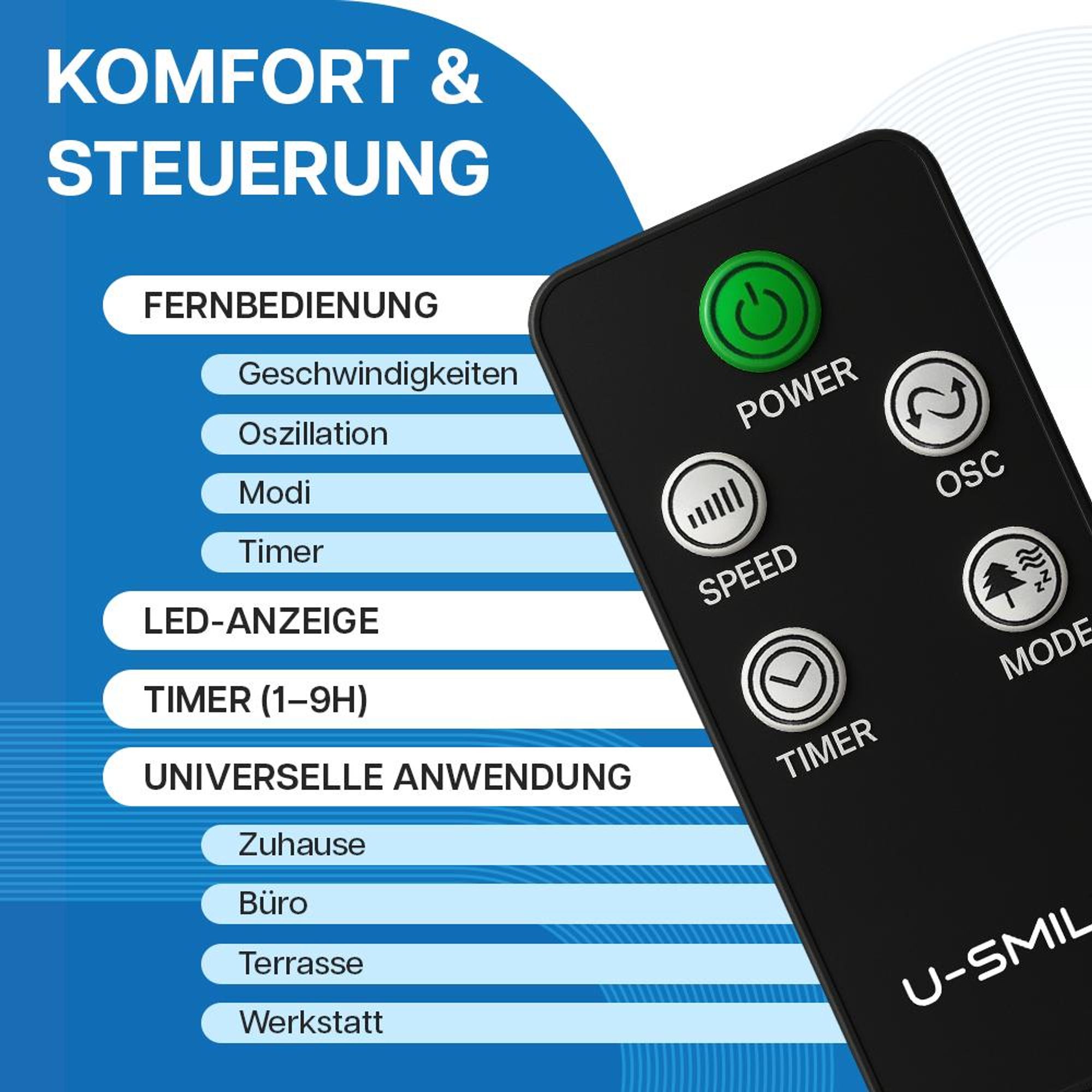 U-SMILER Turmventilator Leise 45W mit Fernbedienung, LED Display, 3 Modi & 3 Stufen, 90° Oszillation, Timer, 101 cm