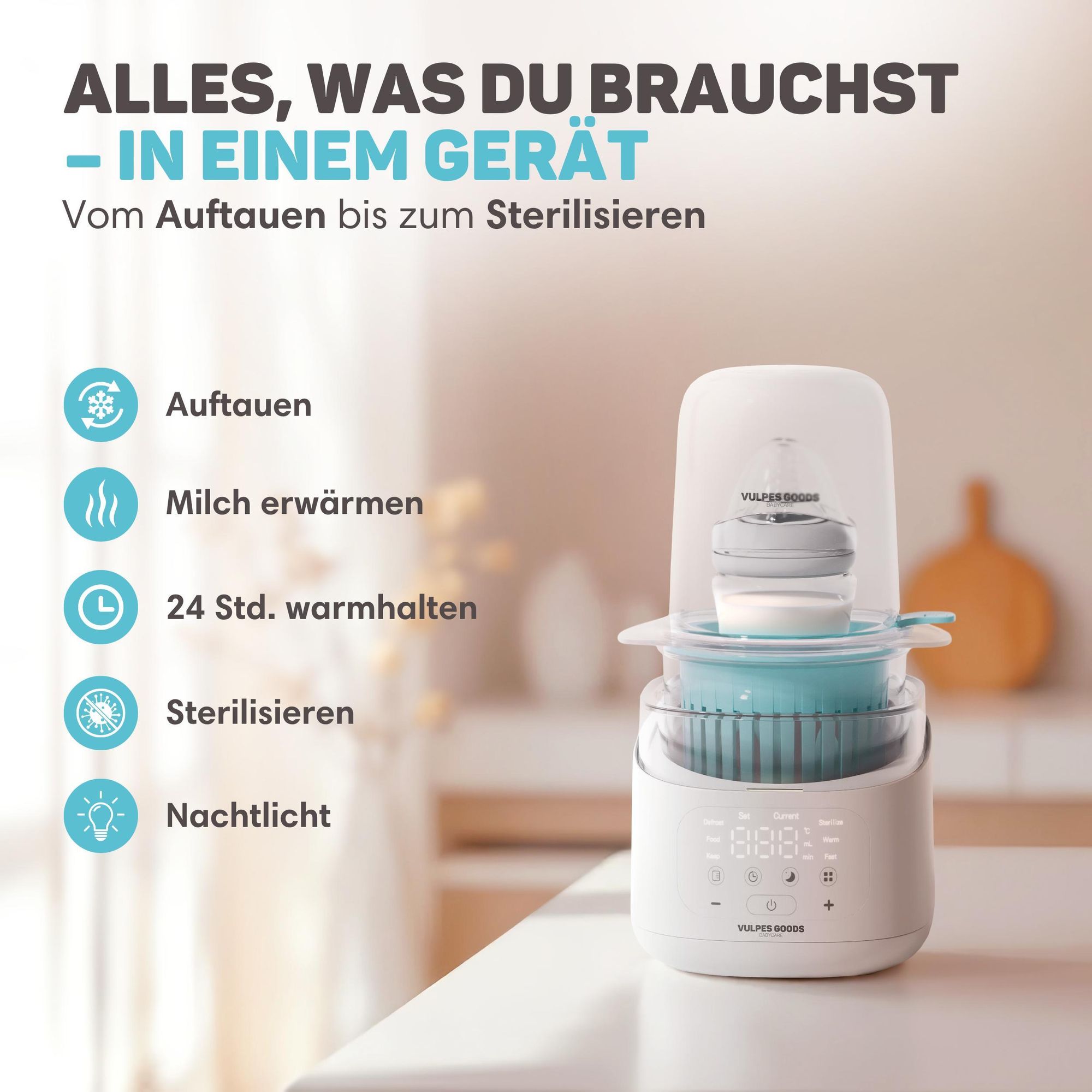Vulpes Goods Flaschenwärmer 10-in-1, 24 Stunden warmhalten, Auftauen & Sterilisieren – Flaschenwärmer mit Nachtlicht – Sterilisator mit Dampfhaube
