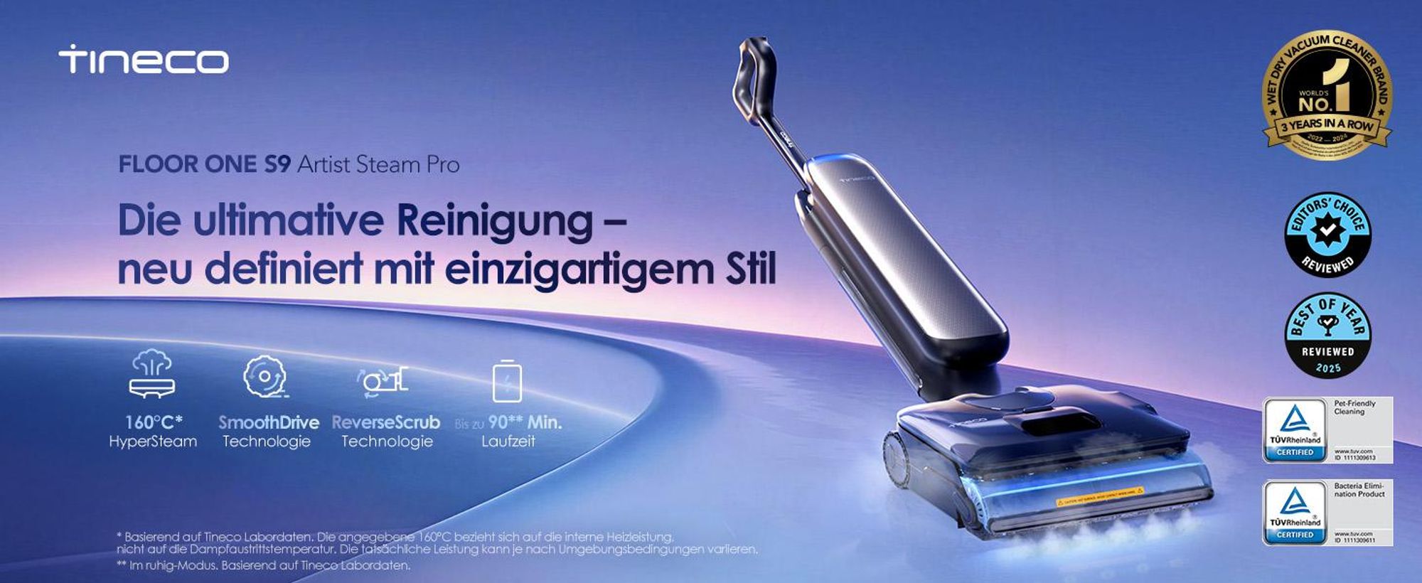 Tineco Floor One S9 Artist Steam Pro, Standstaubsauger, Beutellos, Schwarz, Silber, 0,88 l, 0,75 l, Rechteckig