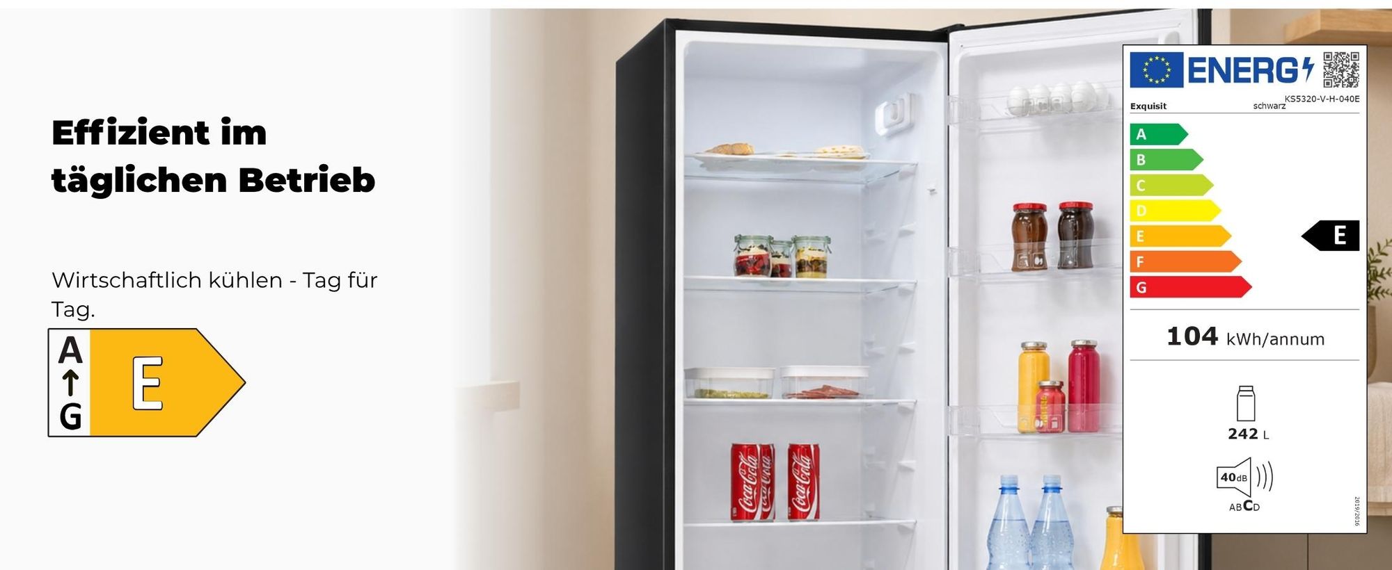 Vollraumkühlschrank | KS5320-V-H-040E schwarz | 242 l Nutzinhalt | LED | Türanschlag wechselbar | 40 dB | Schwarz