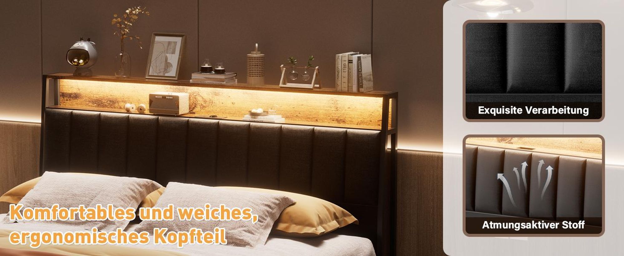 DEWINNER Bettrahmen 140 x 190, mit Metallgestell, 2-Personen-Bett, mit LED und Mehrfachsteckdosen (1 Steckdose, 2 USB-Anschlüsse), Doppelbett