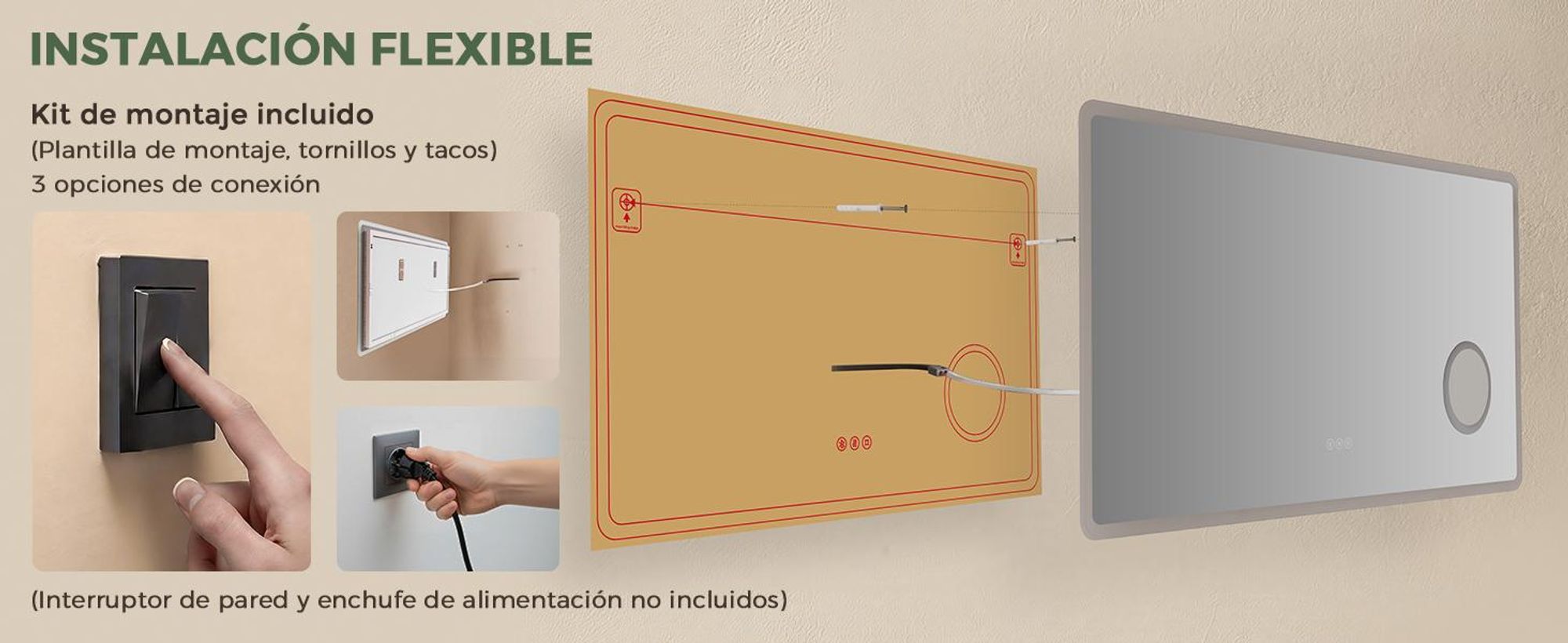 S'AFIELINA Espejo baño LED con Bluetooth 5.3, 120 × 60 cm, Espejo de aumento 3×, antivaho, 3 colores, regulable, táctil & memoria