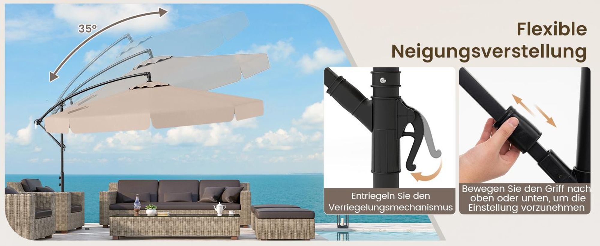 COSTWAY Sonnenschirm Ø300cm, Ampelschirm mit Volantm Schutzhülle, Gartenschirm mit 8 Streben & Kurbel, Marktschirm Neigungswinkel verstellbar Grau