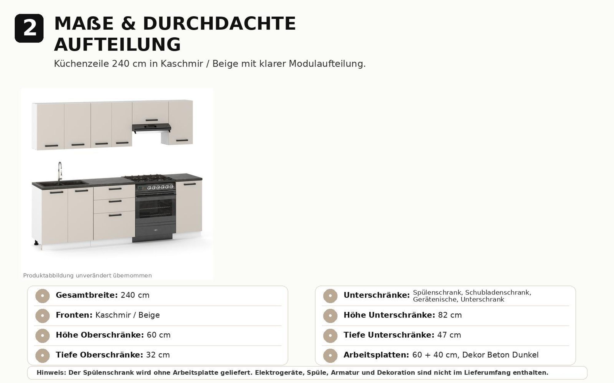 Maßübersicht der 240 cm Küchenzeile mit Ober-, Unter- und Geräteschränken.