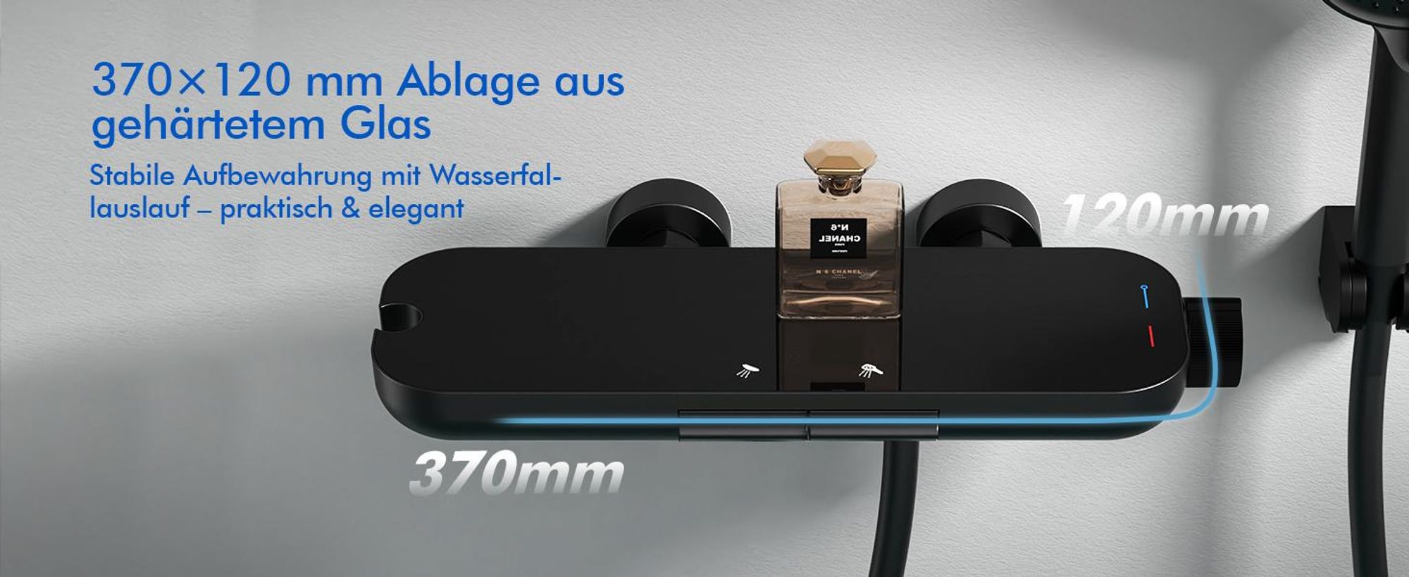 Homelody Brausebatterie-Set, Brausebatterie mit Handbrause & Ablage, Badewannenarmatur Brausehalter und Brauseschlauch inkl. Schwarz