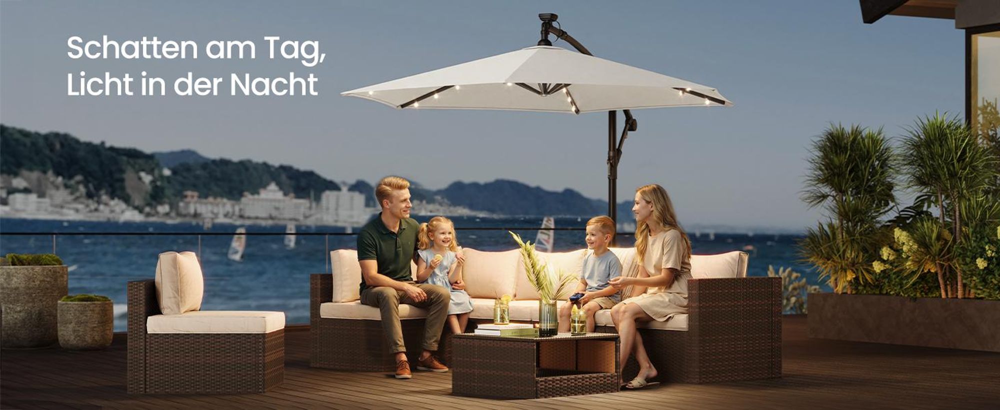 SONGMICS Sonnenschirm Ø 300 cm mit LED-Solar-Beleuchtung UPF 50+