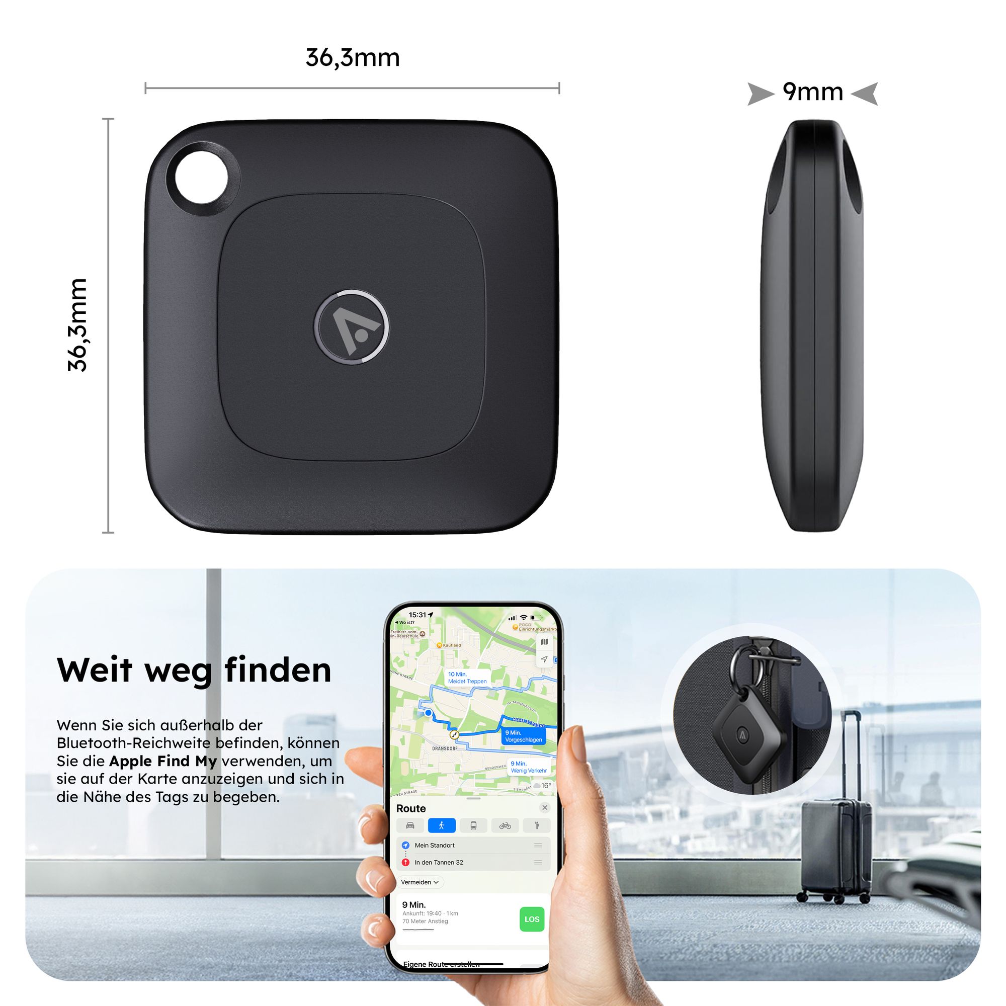 Bluetooth GPS Tracker für Alltagsgegenstände – Nur kompatibel mit Apple App "Wo ist?" – Schwarz