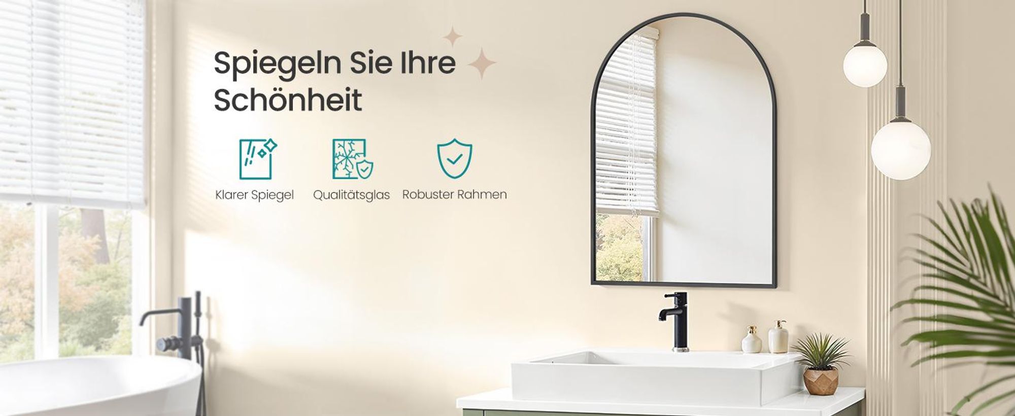 SONGMICS Spiegel für Bad, Wandspiegel, gewölbter Spiegel, Aluminiumrahmen, 91 x 61 cm