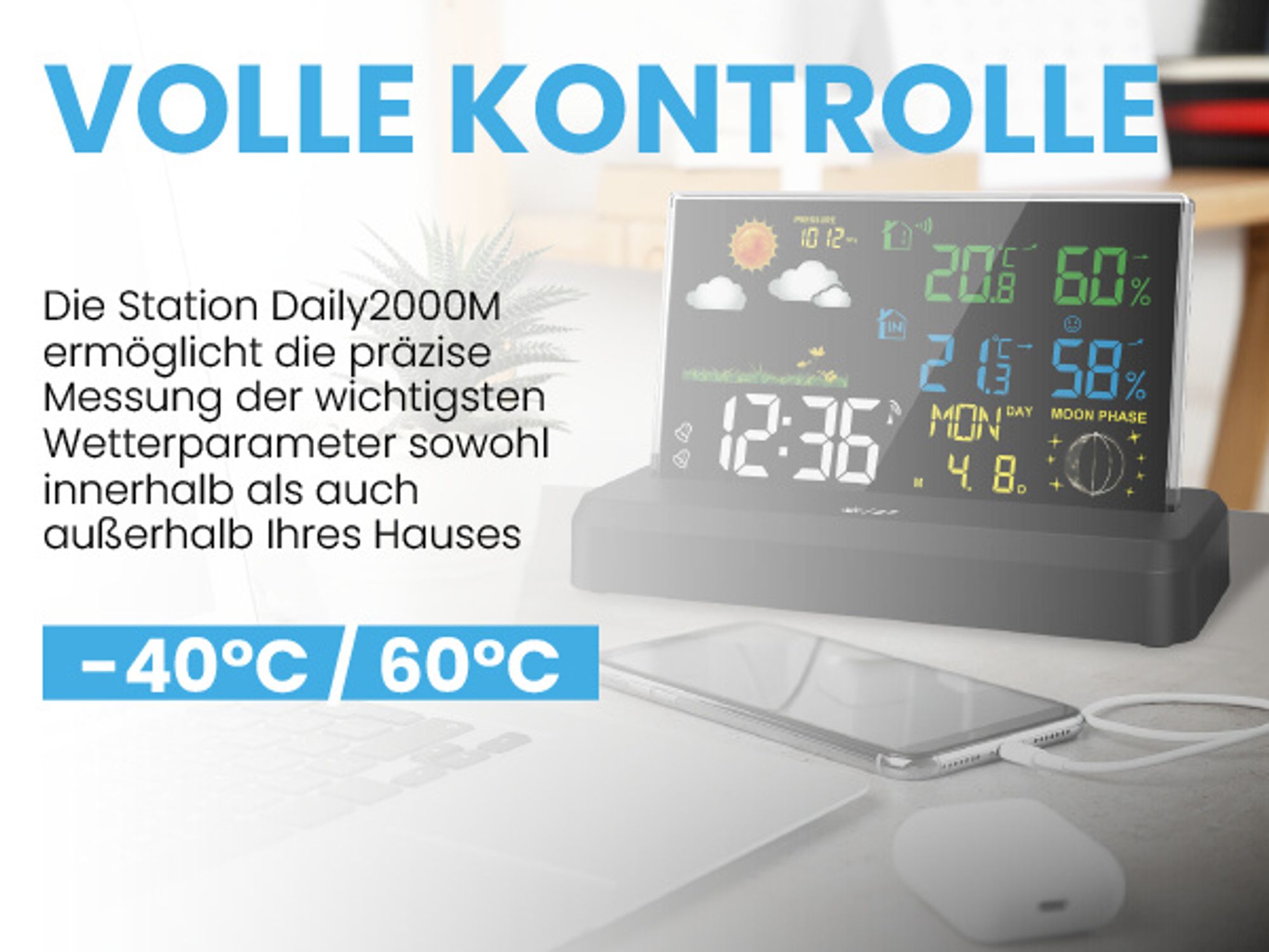 MalTec Wetterstation Drahtlose Thermometer Barometer Daily2000M Mondphasen USB-Anschluss