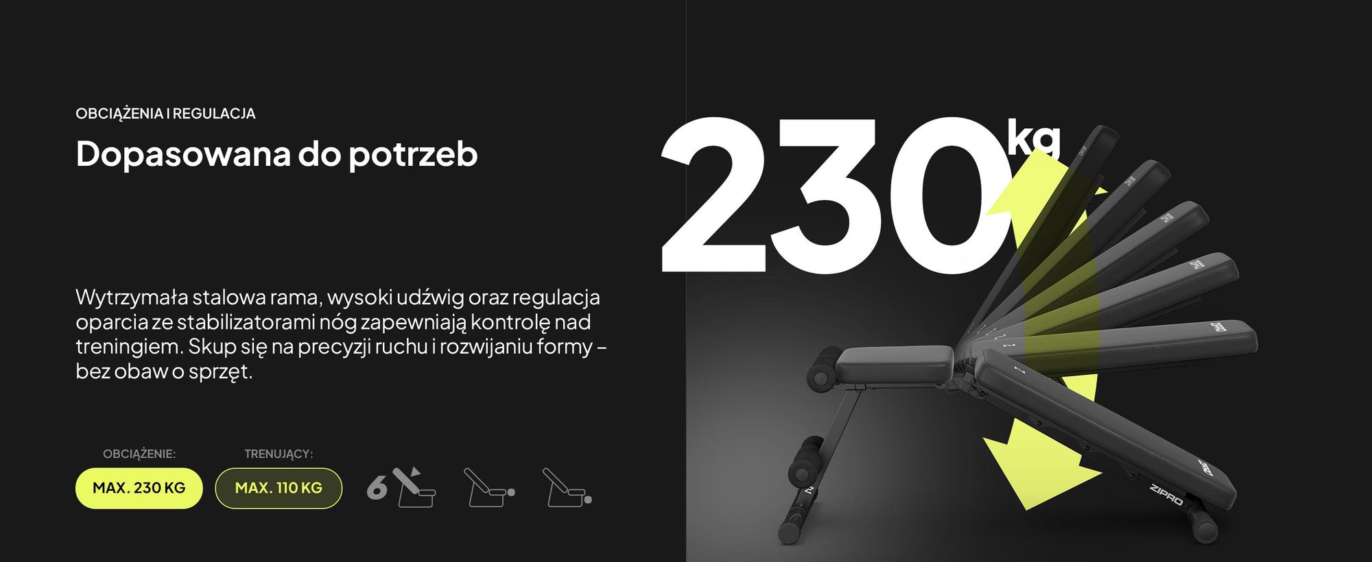 Ławka do ćwiczeń Zipro Składana Tempo – regulowana ławka treningowa do użytku domowego Ławka skośna Ławka ujemna z ekspanderami Obciążenie 230 kg Idealna do hantli