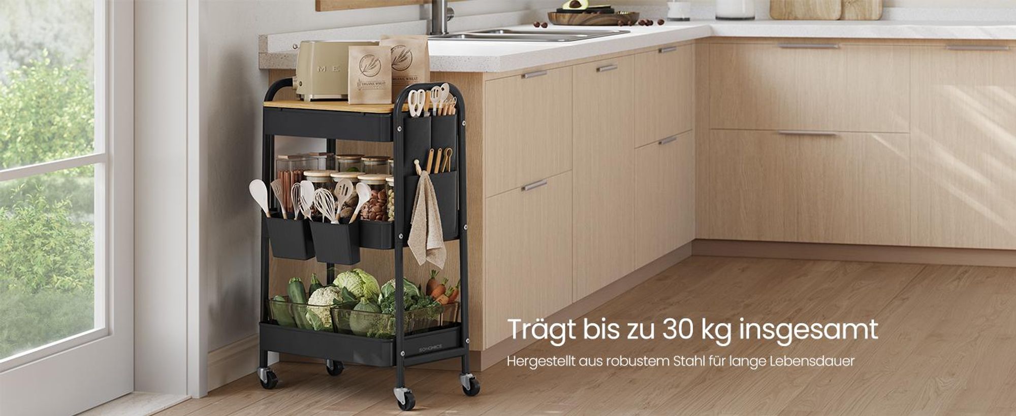 SONGMICS Rollwagen, Küchenwagen, 3 Metallgitterablagen, Servierwagen, 2 abnehmbare Hängebehälter, 2 Organizer, tintenschwarz