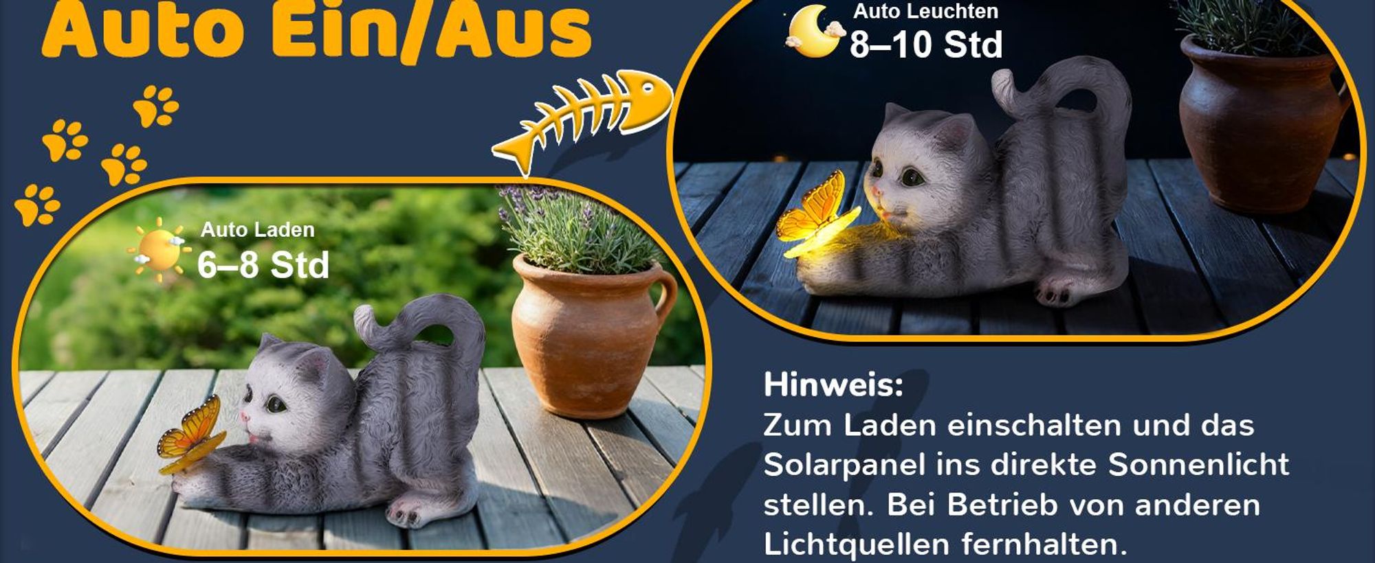 Solarlampe, LED Solarleuchte, Gartenlampe, Katze Gartendeko, Gartendekoration, Wasserdicht, Warmweiß, für Außen, Hinterhöfe, Gärten, Rasen