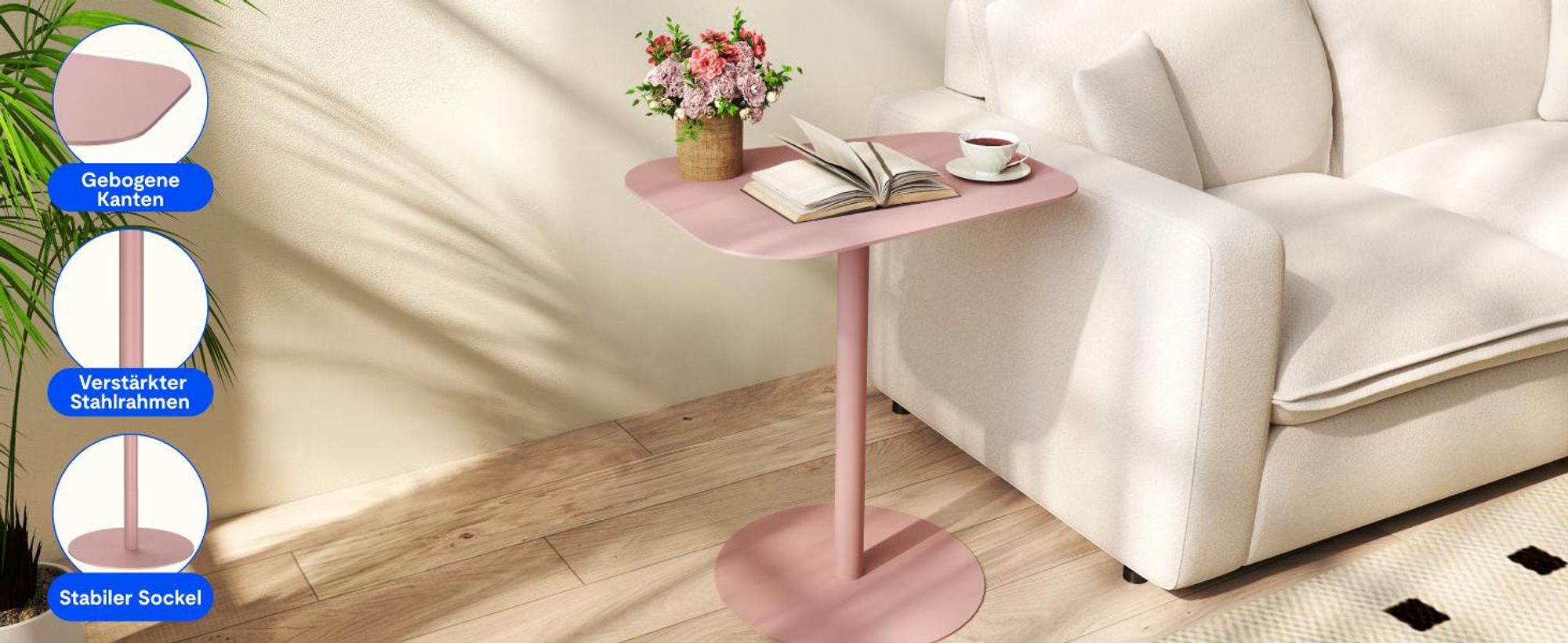 FLEXISPOT Beistelltisch für Sofa, Schlafzimmer, Wohnzimmer, Büro, Beistelltisch, Nachttisch, Couchtisch für kleine Räume, Stahl, 50x38x65cm, Rosa