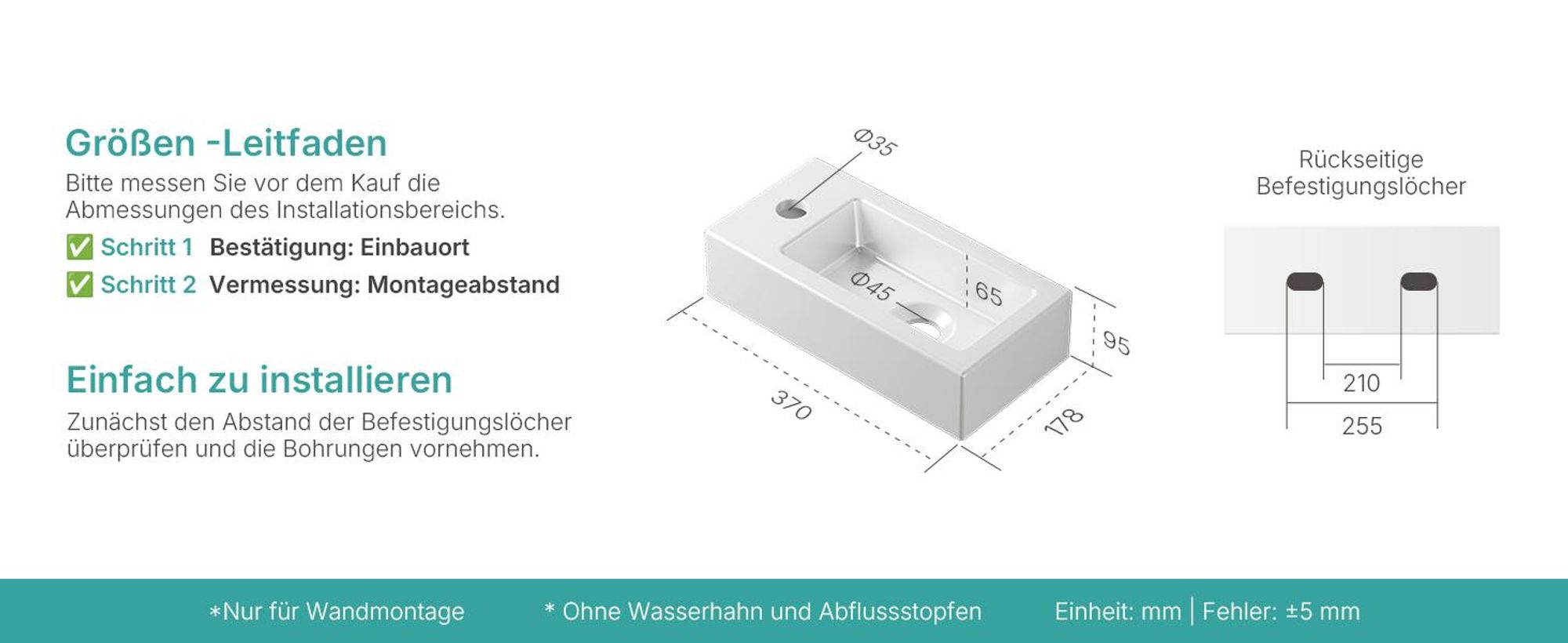 EMKE Wandwaschbecken Keramik 36.5×18×9 cm – Quadratisch glänzend weiß mit Hahnloch für Kurzarmaturen