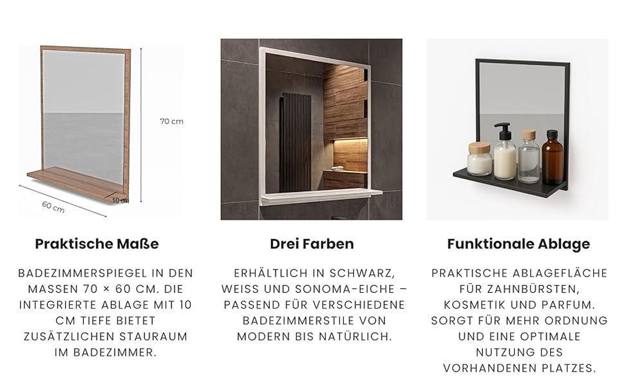 Badspiegel mit Ablage Sonoma - H:70 x B: 60  cm - Bathroom Mirror - Moderner Badezimmer Spiegel Rechteckig - Wandspiegel mit Regal
