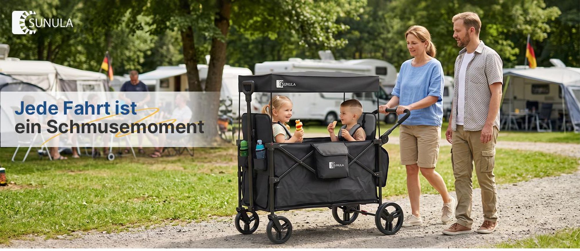Sekey Faltbar Bollerwagen mit Dach, für 1 bis 2 Kinder, Schiebe- und Zieh Funktion, mit XXL-Rädern (25/20 cm) und 5-Punkt-Gurtsystem, Grau