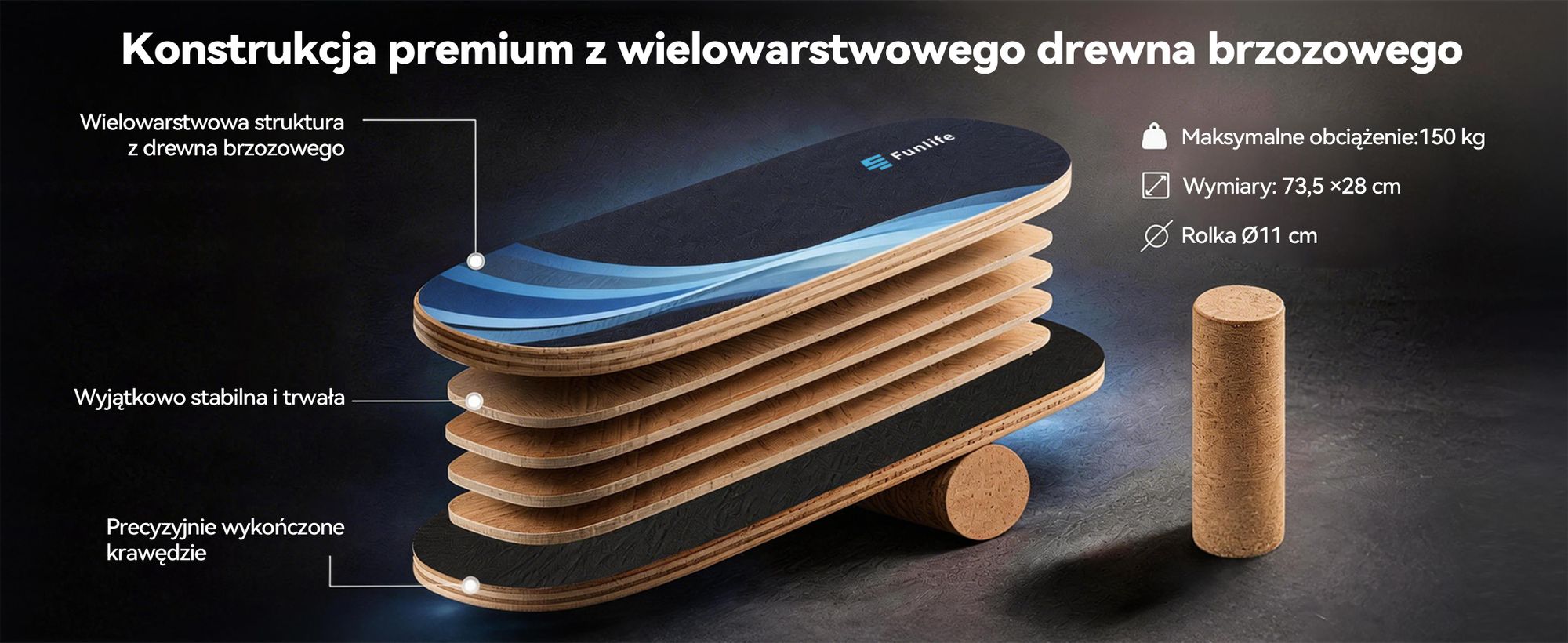 FunLife Balance Board WAVE wykonana z drzewa brzozowego z rolką – deska do treningu równowagi, idealna do wzmacniania mięśni brzucha, poprawy koordynacji oraz treningu surfingu, skateboardu i snowboardu