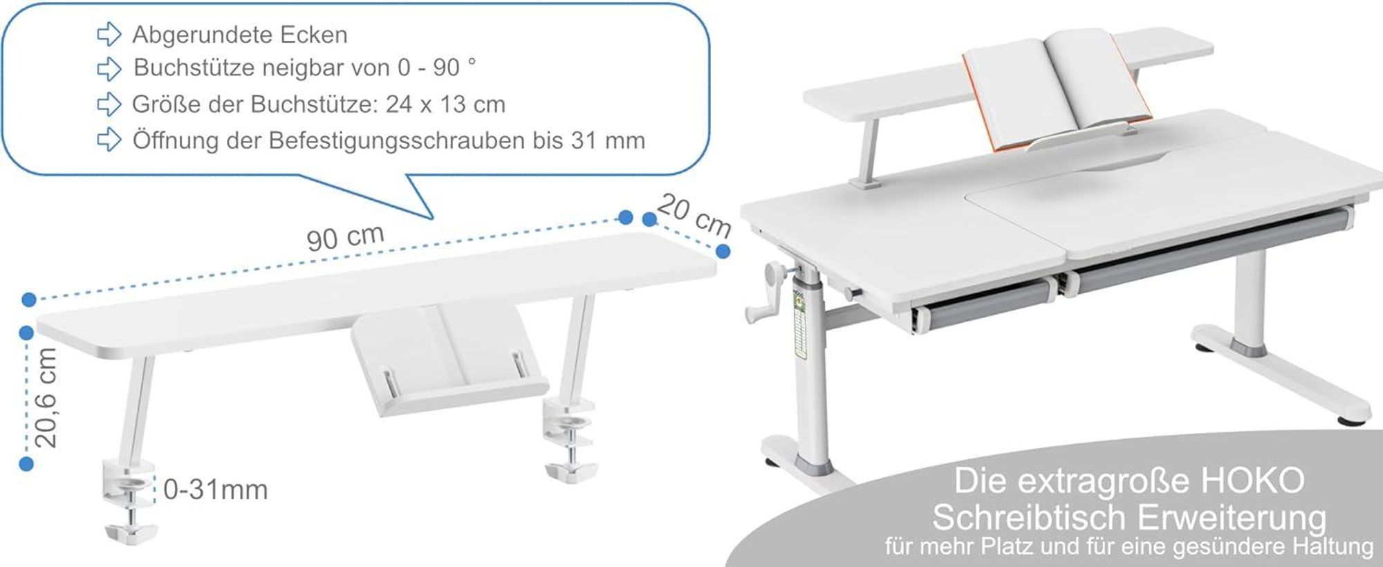 HOKO® Ergo-Study Schreibtisch Butler mit Buchhalterung, Weiß Schreibtischbefestigung mit Buchhaltung für den Jungen Kinderschreibtisch