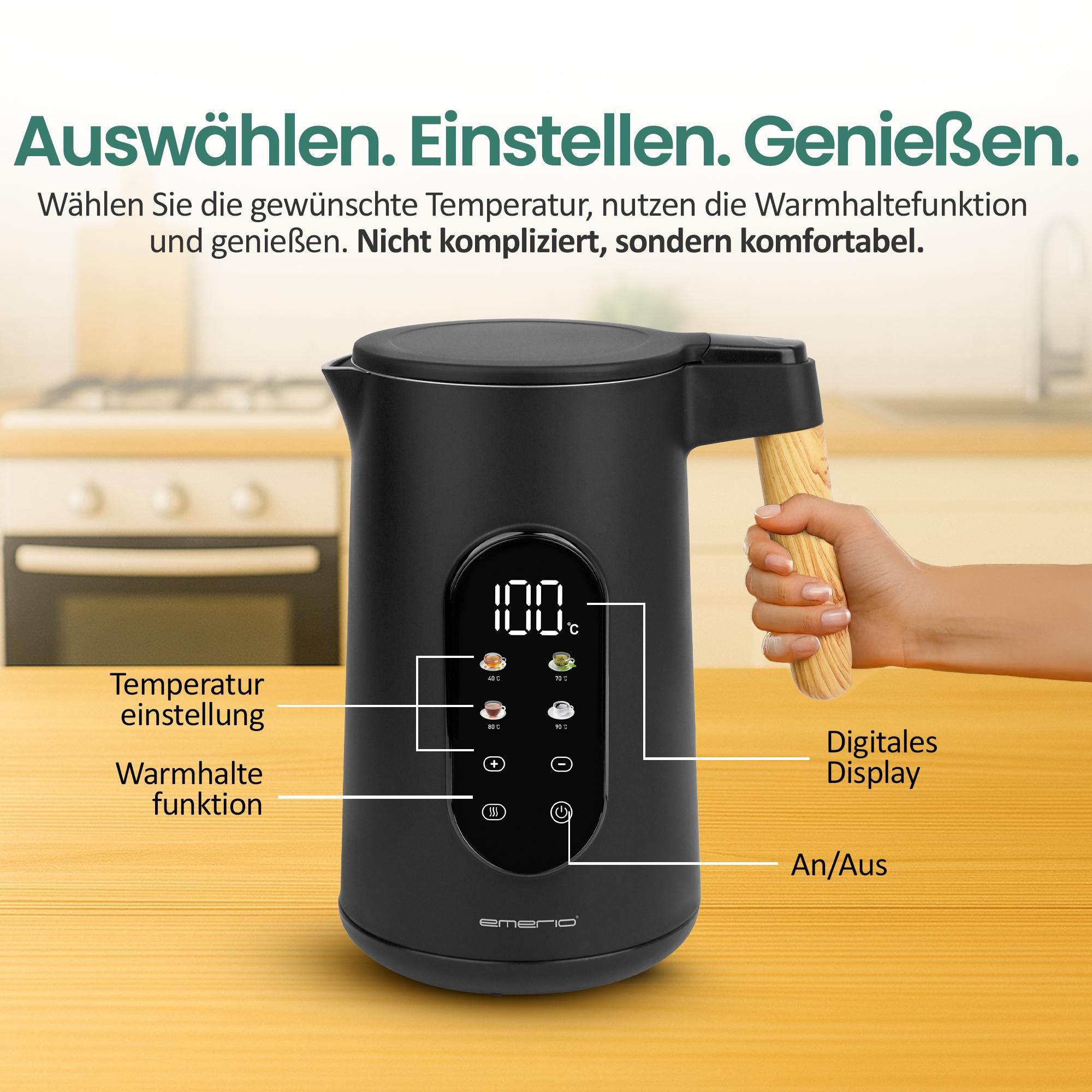 Emerio Wasserkocher mit Temperaturregelung 1,7 Liter – Touch-Bedienung und 360° drehbar – Warmhaltefunktion – 2200 W – Retro – WK-132230