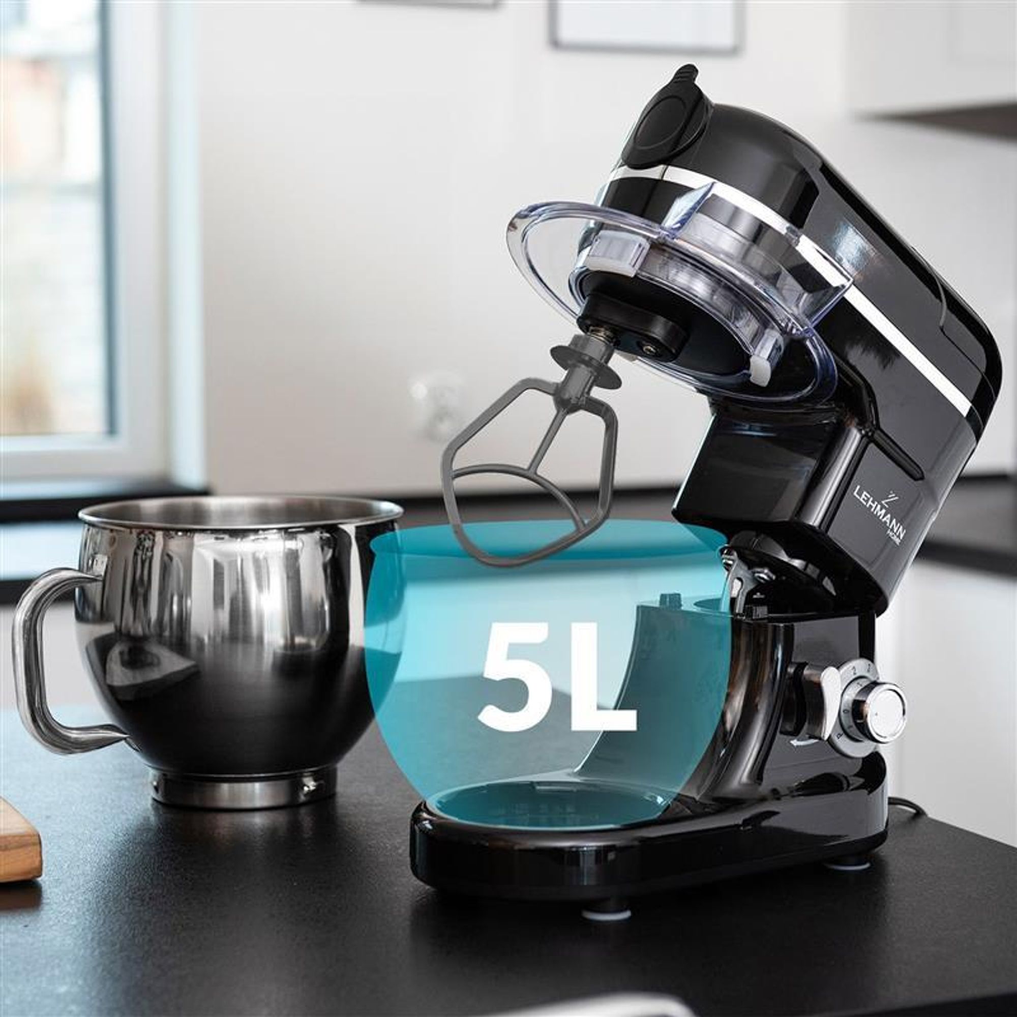 Robot planetarny kuchenny LEHMANN MASTIC, maszynka do mięsa, mikser, blender kielichowy 3w1, 1300 W, 6 prędkości, misa 5 l, 550x415x215, 7 kg, czarny