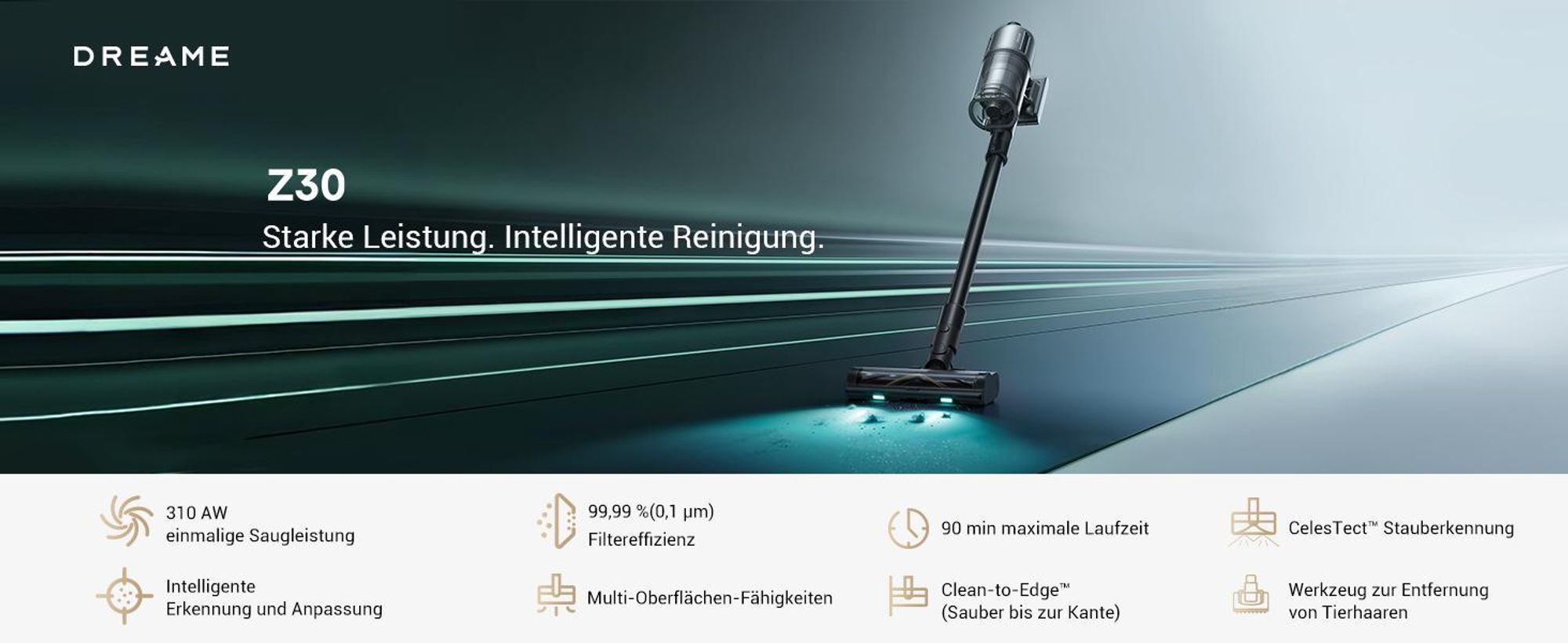 Dreame Z30 Akku-Stabstaubsauger,310AW Kabelloser Handstaubsauger,120K RPM,99%HEPA14 Filter,90Min Laufzeit,Mehrflächen,Kantenreinigung,300m²,UV-Licht