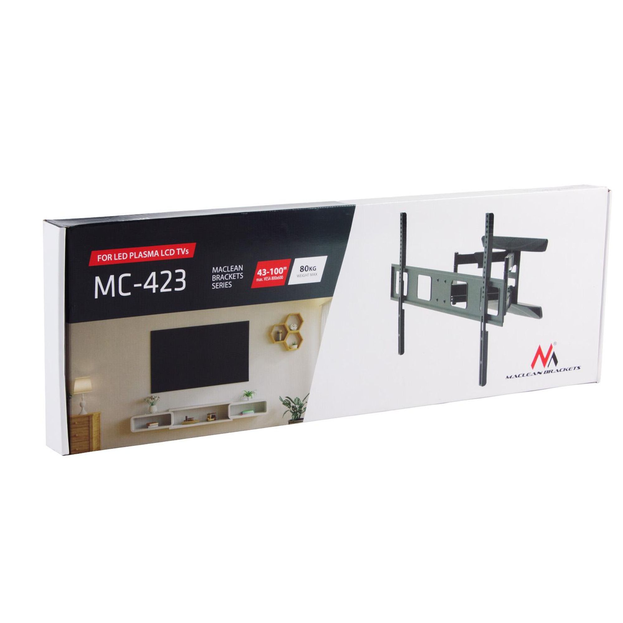 Maclean MC-423 TV-Halterung, vollbeweglich, 43 - 100 Zoll, 80 kg max., VESA 800 x 600, verstellbar, neigbar, drehbar, Wandabstandshalter