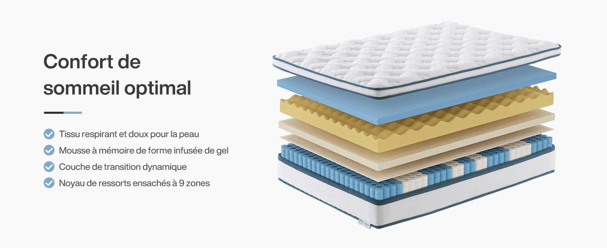 Matelas Tribesigns 160 x 200 cm, hauteur 25 cm, H3, matelas orthopédique à 9 zones, matelas à ressorts ensachés, matelas à ressorts avec mousse à mémoire de forme et gel