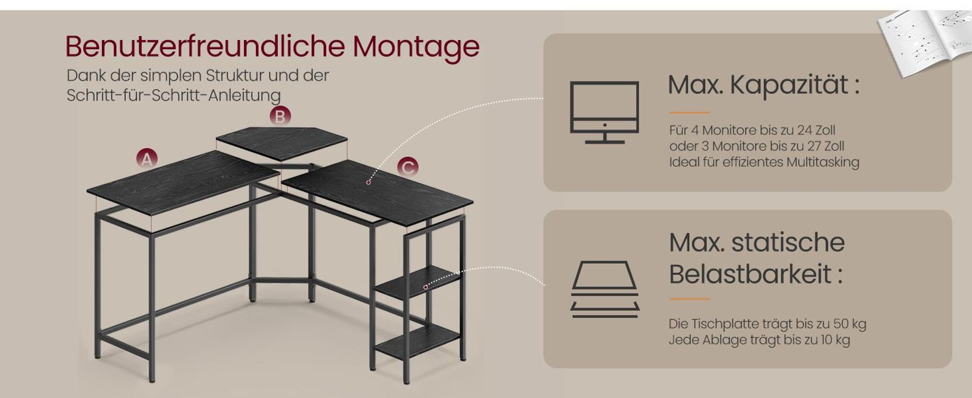 VASAGLE Schreibtisch L-förmiger Computertisch Eckschreibtisch mit 2 Ablagen