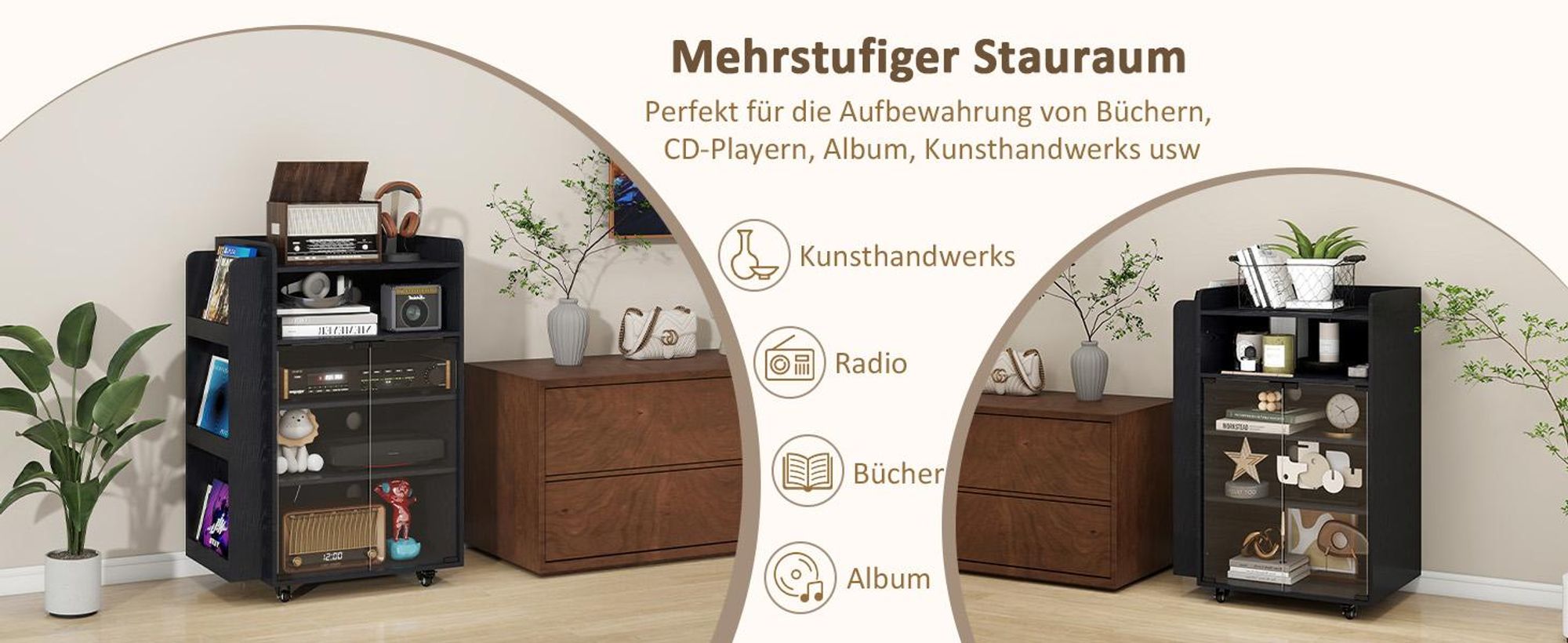 Puluomis Schallplattenschrank mit LED RGB Beleuchtung, Steckdosenleiste, Wohnzimmerschrank mit Rollen, Magnetdruckverschlüsse, Verstellbare Böden