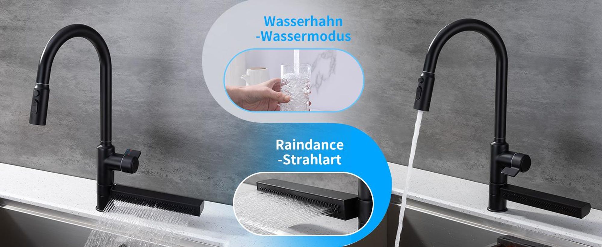 Homelody Wasserfall Küchenarmatur, Wasserhahn Küche Ausziehba 360° Drehbar, Mischbatterie Küchenarmatur mit 4 Wassersprühmodi, Edelstahl, Schwarz