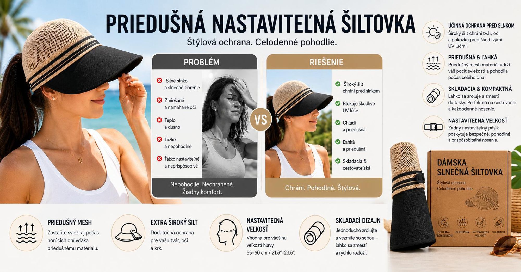 Nastaviteľný dámsky slnečný klobúk s obvodom 55–60 cm, priedušný letný klobúk pre dámy, klobúk s okrajom – SUNIHAT Khaki