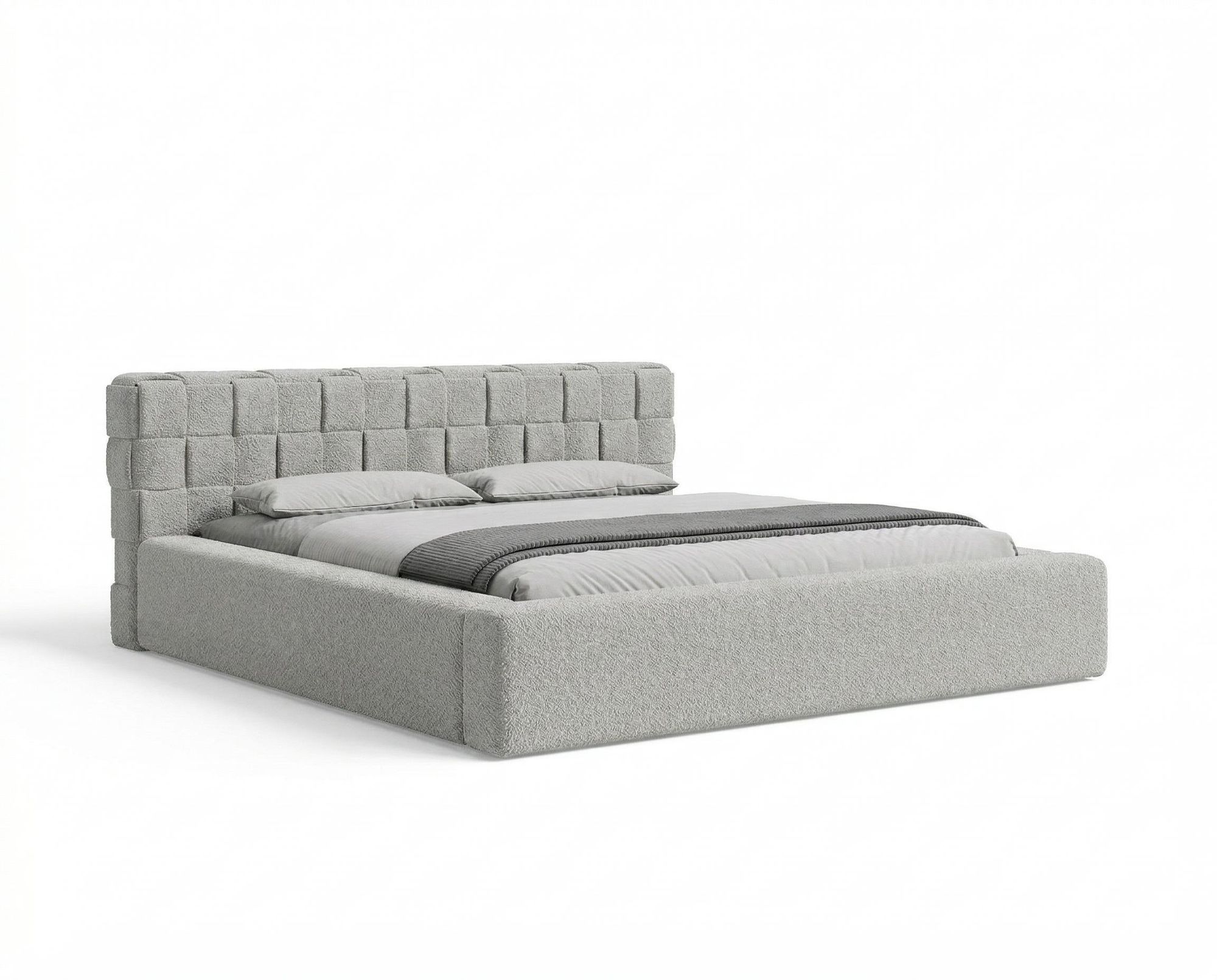 Chilly Möbel Design Bett Cube - Geometrisches Polsterbett mit Stauraum, Lattenrost und stabilem Metallrahmen 180x200 cm / Bouclé / Grau