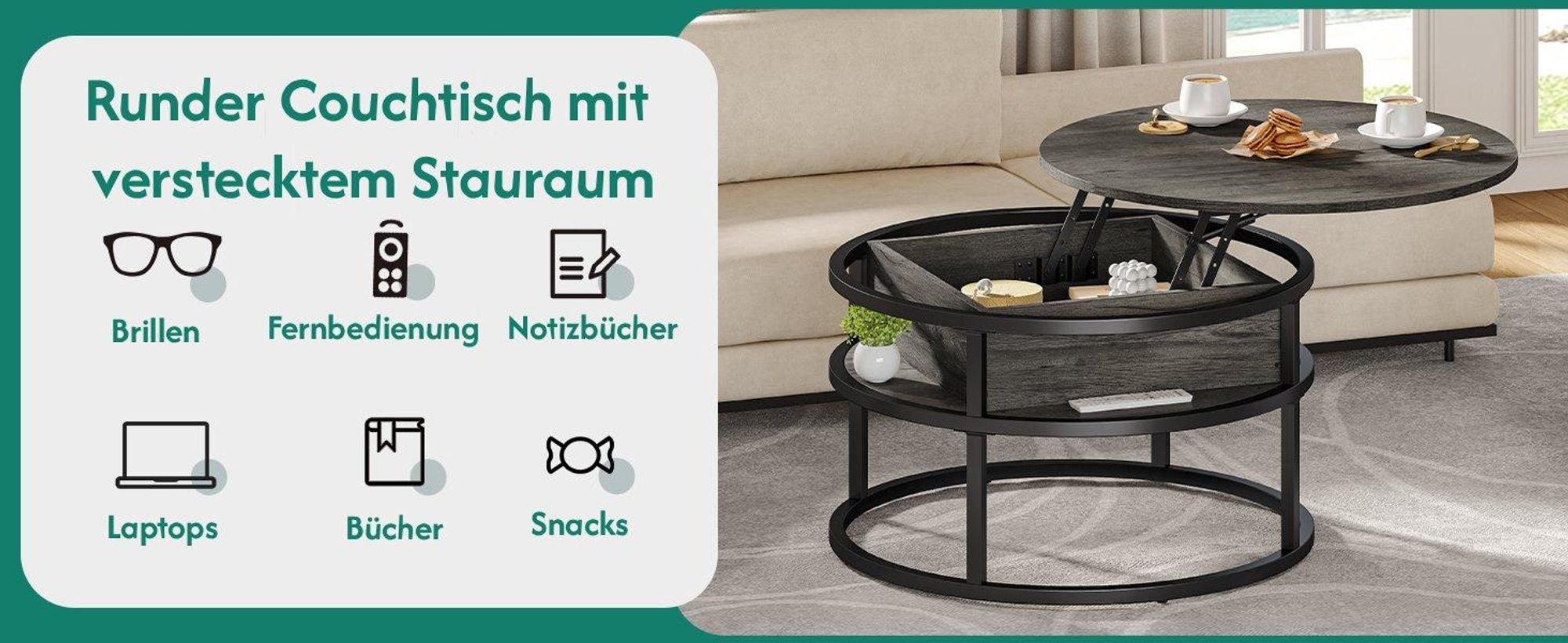 YITAHOME Couchtisch rund, höhenverstellbar, Wohnzimmertisch Beistelltisch mit Stauraum, 80 x 80 x 47 cm, Grau