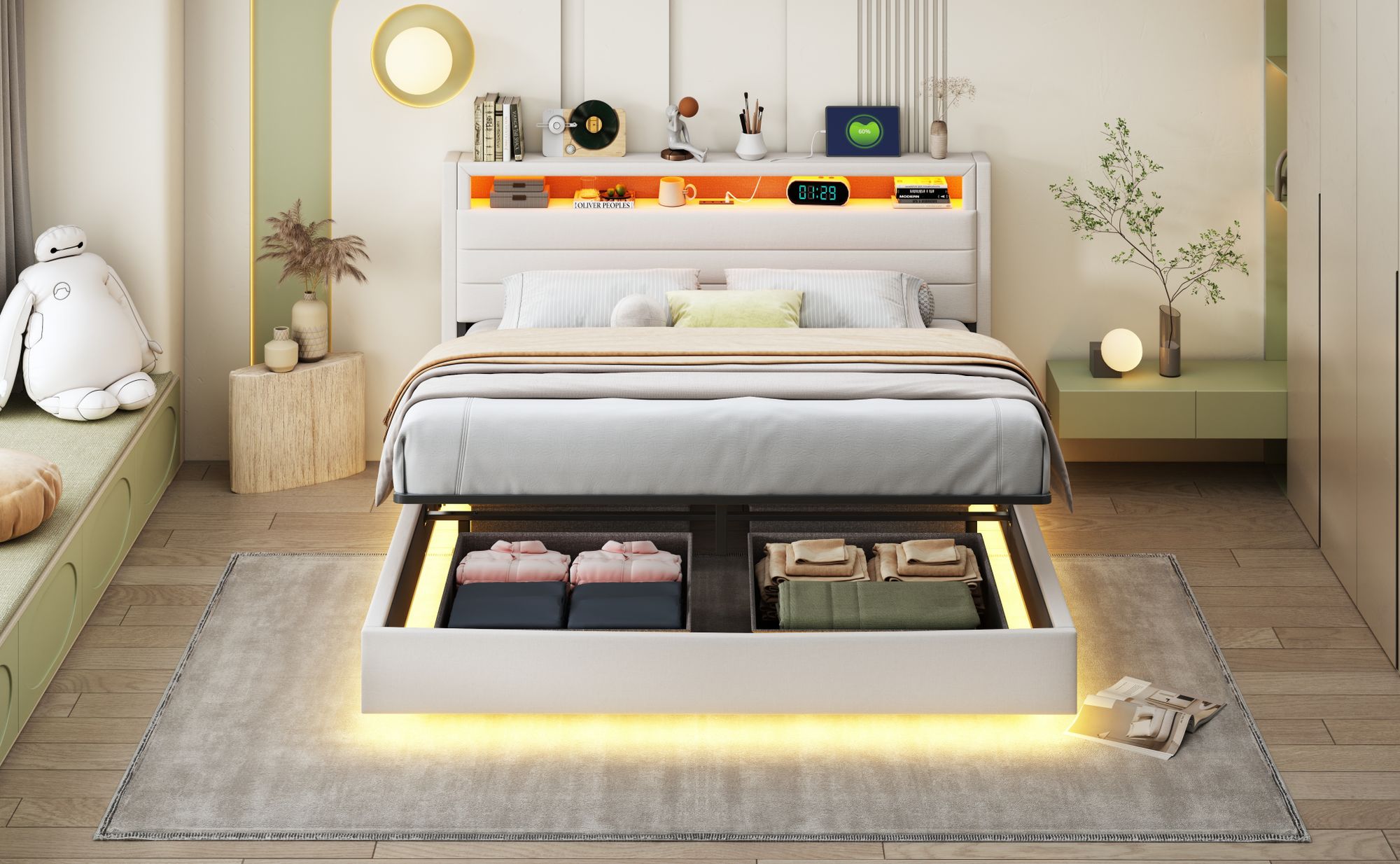 MODFU Polsterbett Hydraulisches 160 x 200 cm mit LED-Beleuchtung und USB-Steckdose, Schwebenderbett mit Wendekopfteil, hydraulisches Stauraumbett mit Bettkasten Stauraum,Beige(Ohne Matratze)