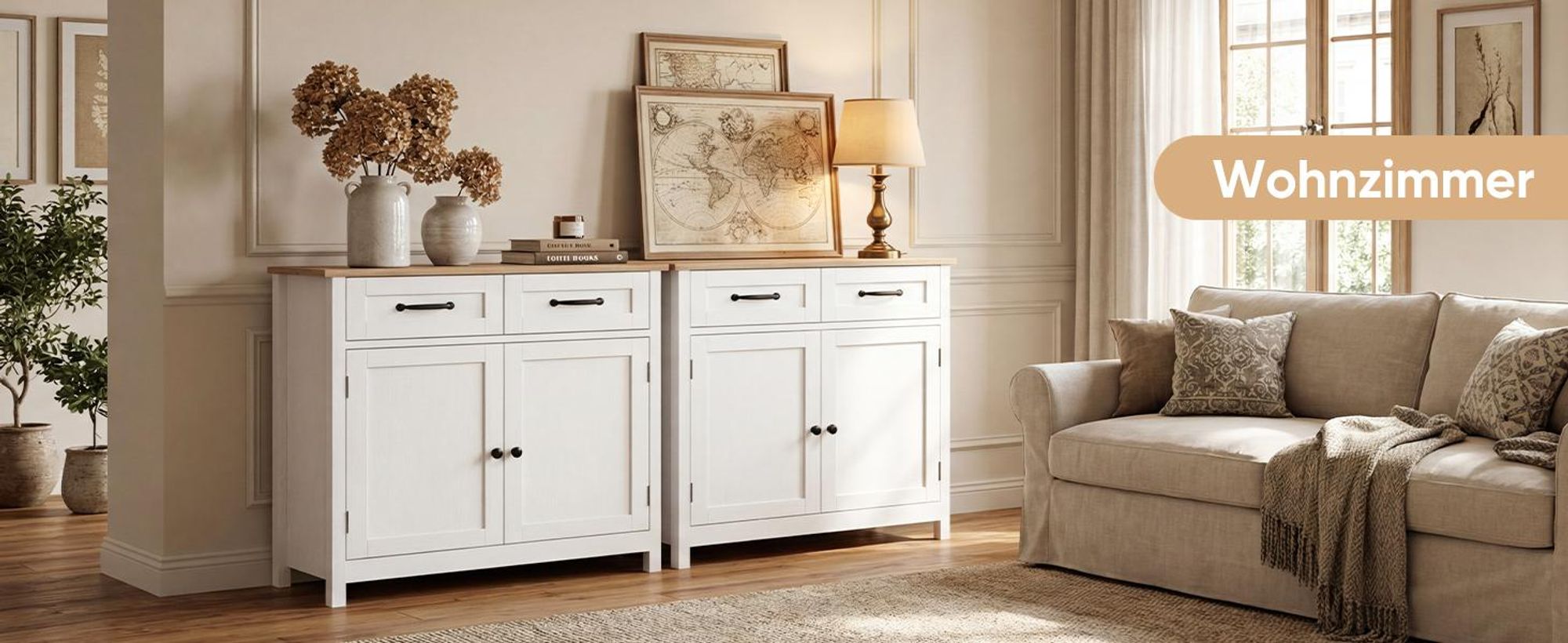 HOKEEPER Küchenschrank, Sideboard Wohnzimmer, Kommode mit 2 Schubladen und 2 Türen, Küchenbuffet mit Arbeitsplatten, Braun