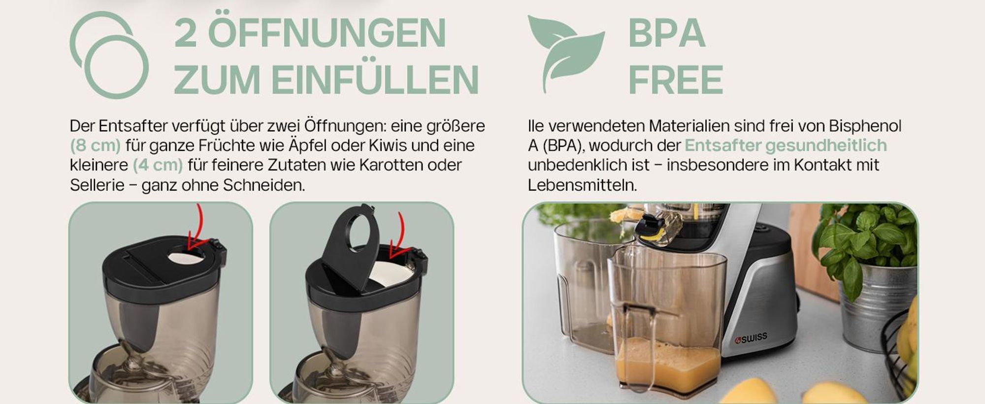 4Swiss Swan BM 105 Slow Juicer Entsafter - Kaltentsafter Saftpresse Elektrisch 400W für Obst & Gemüse XXL Einfüllschacht BPA-Frei