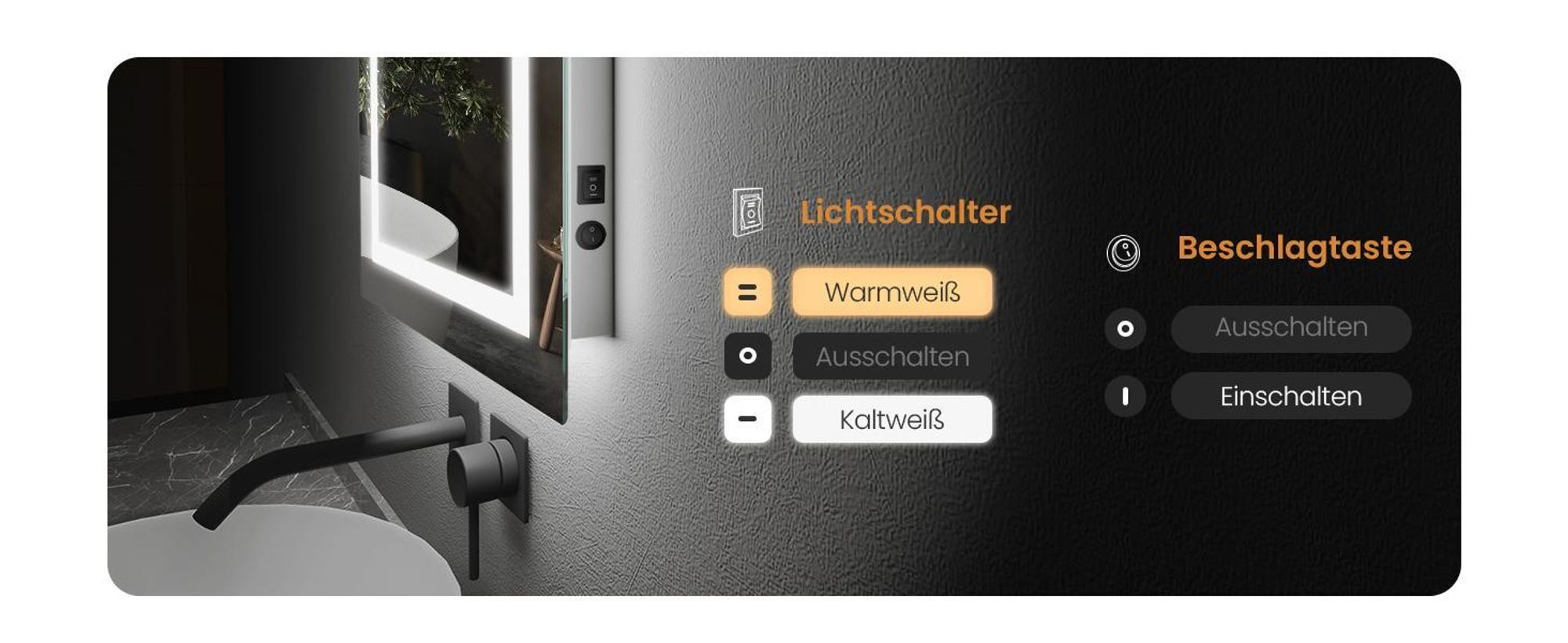 EMKE Badspiegel mit Beleuchtung 60 x 50 cm LED Badezimmerspiegel Beschlagfrei mit Druckknopfschalter mit 2 Farben des Lichts, Kaltweißes und warmes Licht