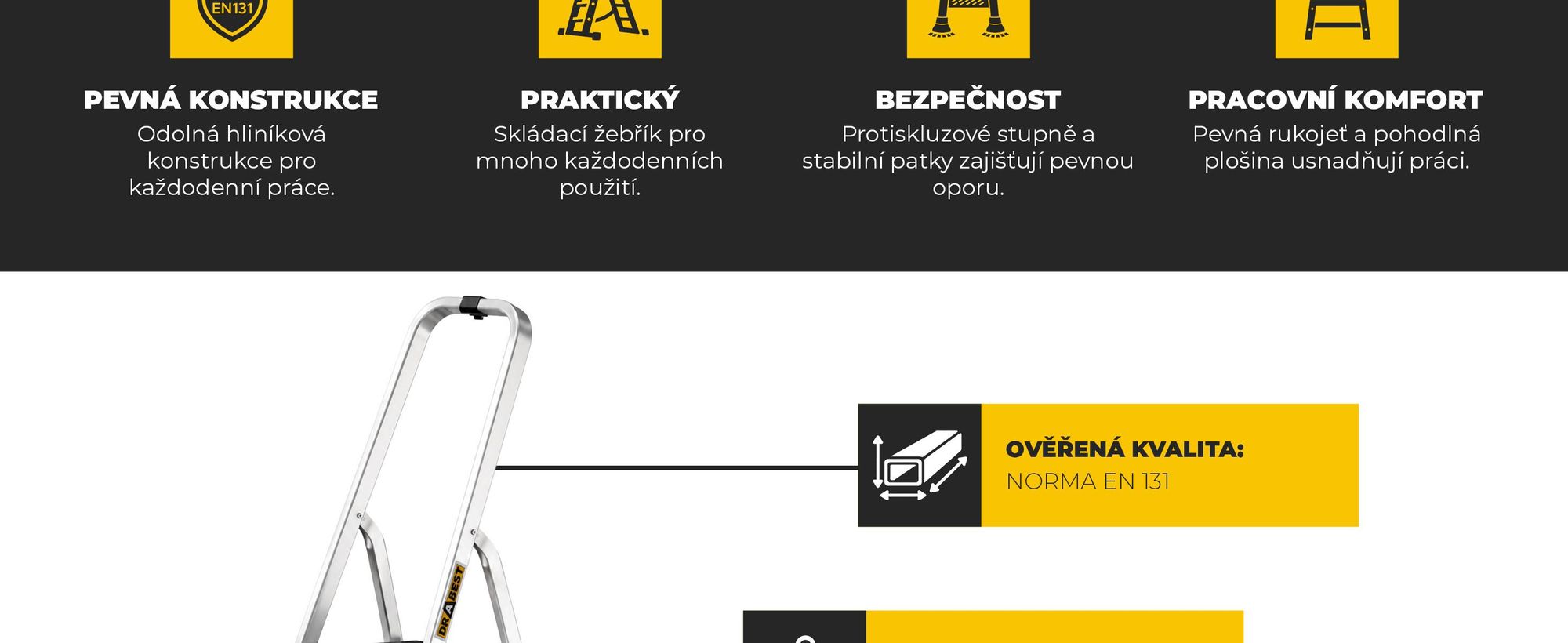 Drabest | Žebřík – víceúčelový žebřík Pro – 5 stupňů – štafle – hliník – stabilní, lehký – s háčky – nosnost 150 kg