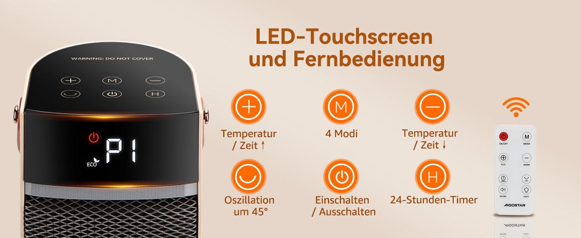 Aigostar 2000W PTC Keramik-Heizlüfter: Energiesparend, Fernbedienung, ECO-Modus, 24H-Timer, 75°-Oszillation, Schutzfunktionen, Weiß