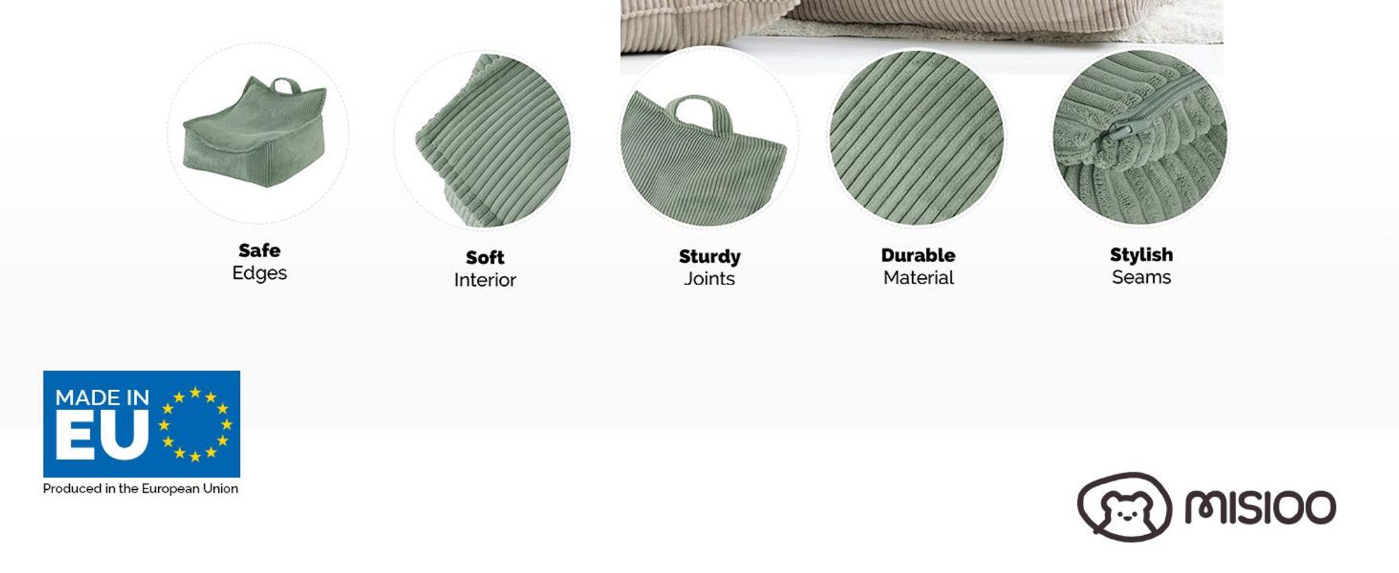 MISIOO Pouf pro děti - Velký pytel na fazole - Velký pytel pro děti - Manšestrový materiál - 77x67x50 cm - Omyvatelná tkanina