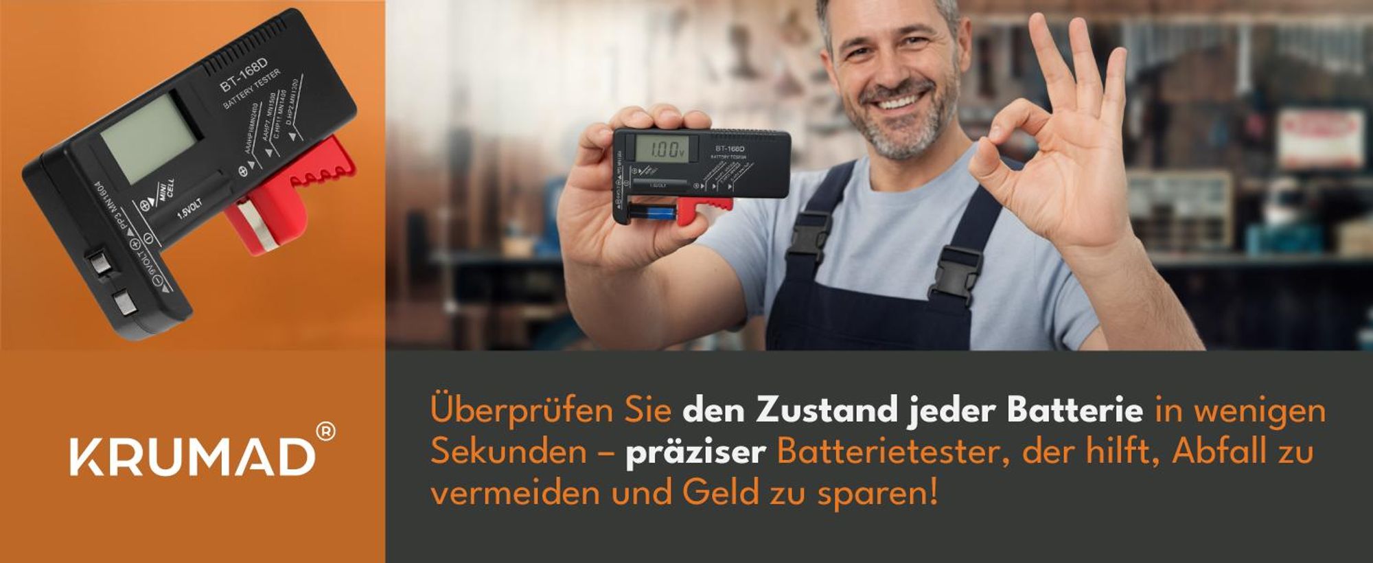 KRUMAD Digitaler Batterietester für AA, AAA, 9V, C, D, Knopfzellen - Kompakt, Tragbar, Ideal für Haushalt, Geräteprüfung und Strommessung