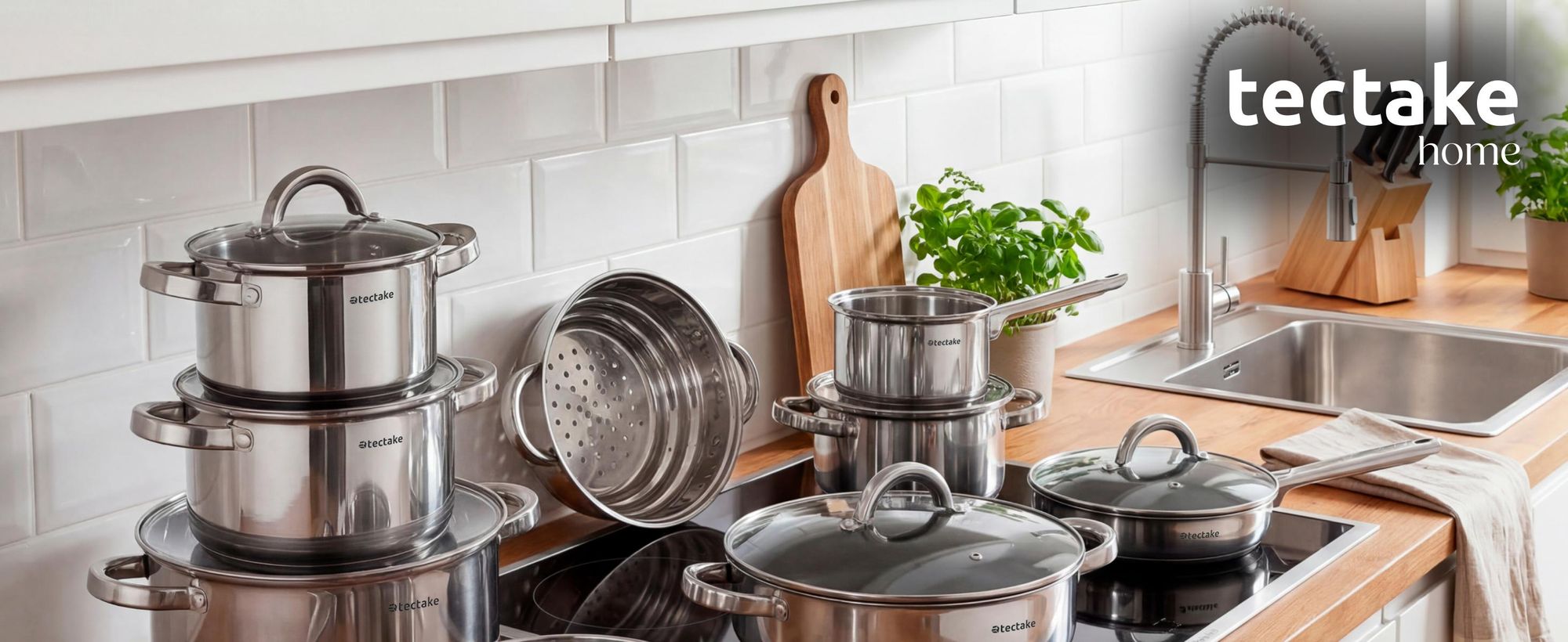 tectake® Kochtopfset Turin 15-teilig, aus Edelstahl, für Induktion geeignet integrierte Messskala in den Töpfen