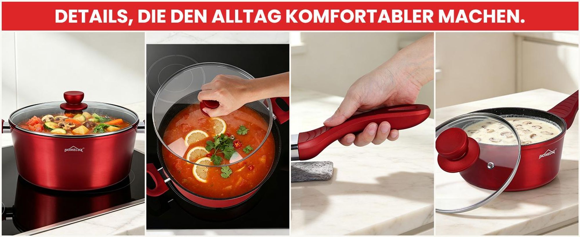 Topfset Induktion 15-Tlg Topfset Pfannenset Kochtopfset, Aluminium Antihaft-beschichtete Töpfe & pfannen,Cookware-Rot(HLCW15RD)