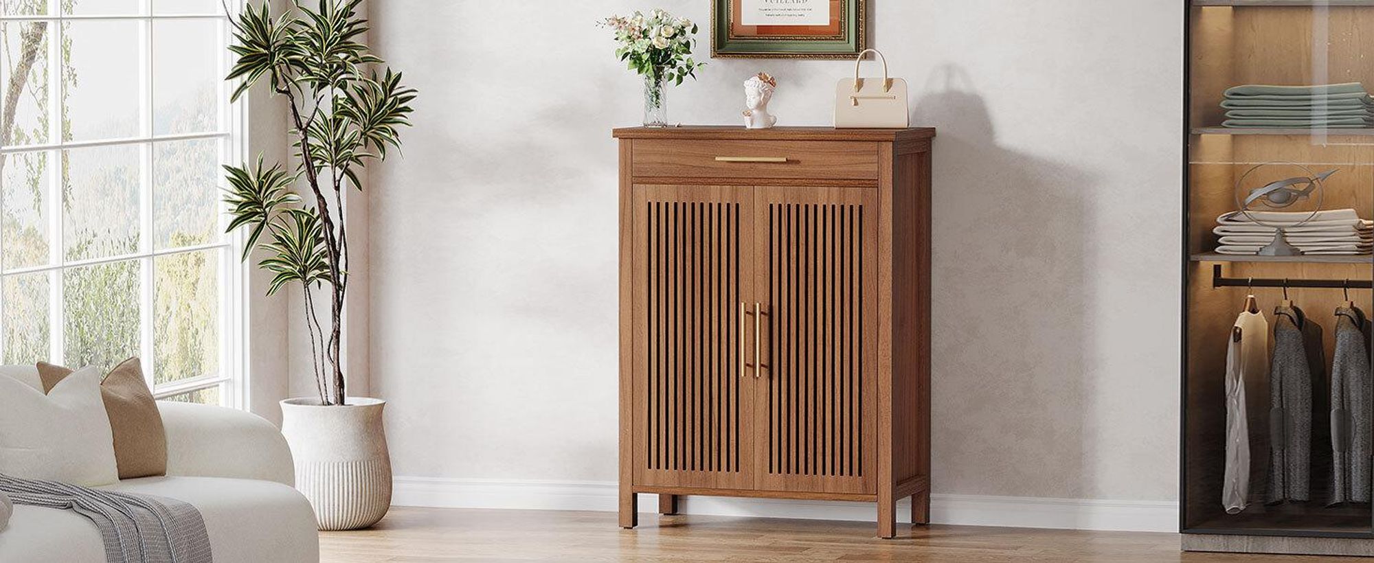 Tribesigns Armoire à chaussures, armoire à chaussures à 5 étages étroite avec portes à lamelles et tiroir, entrée en bois réglable, 80 * 36 * 110cm, brun