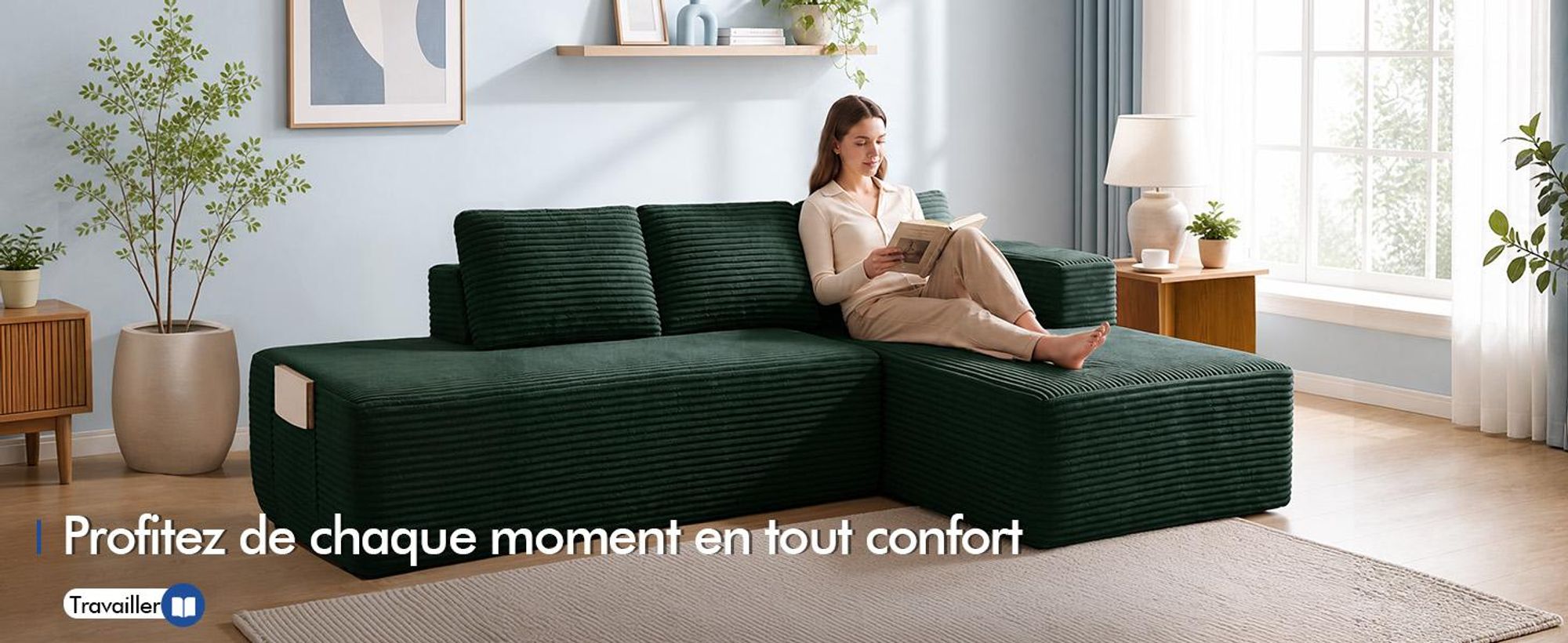 Canapé d'angle COMHOMA avec fonction convertible, 228 cm, en velours côtelé. Canapé modulaire sans structure visible, avec chaise longue et structure métallique pour le dossier. Canapé d'angle convertible avec ouverture