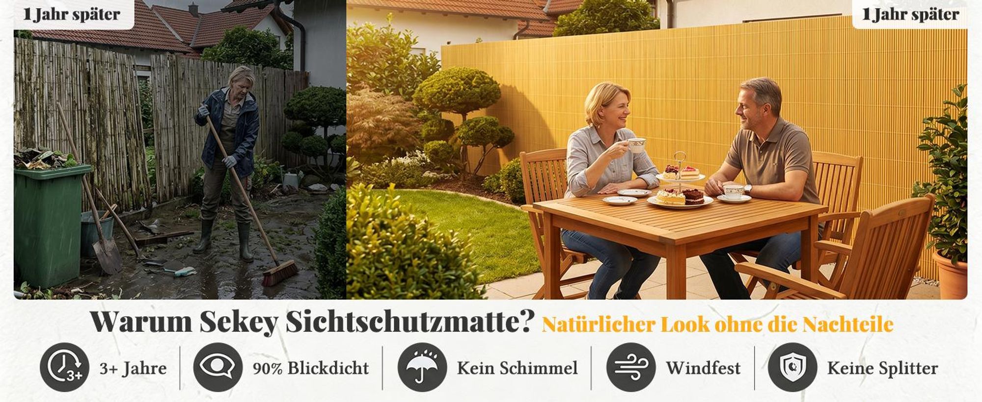 Sekey Balkon Sichtschutz Natürliche Optik Sichtschutzmatte Sichtschutzzaun 80x600cm, Bambusfarbe
