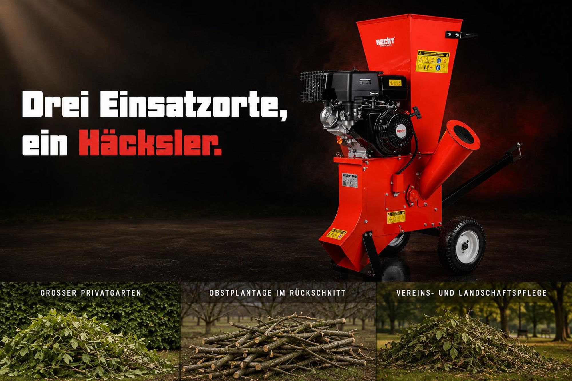 Gartenhäcksler Holzhäcksler Benzin HECHT 6421 | 9,7 kW / 13 PS | bis Ø 8,9 cm | Schlegeltrommel + 2 Häckselmesser 6,5 l Kraftstofftank