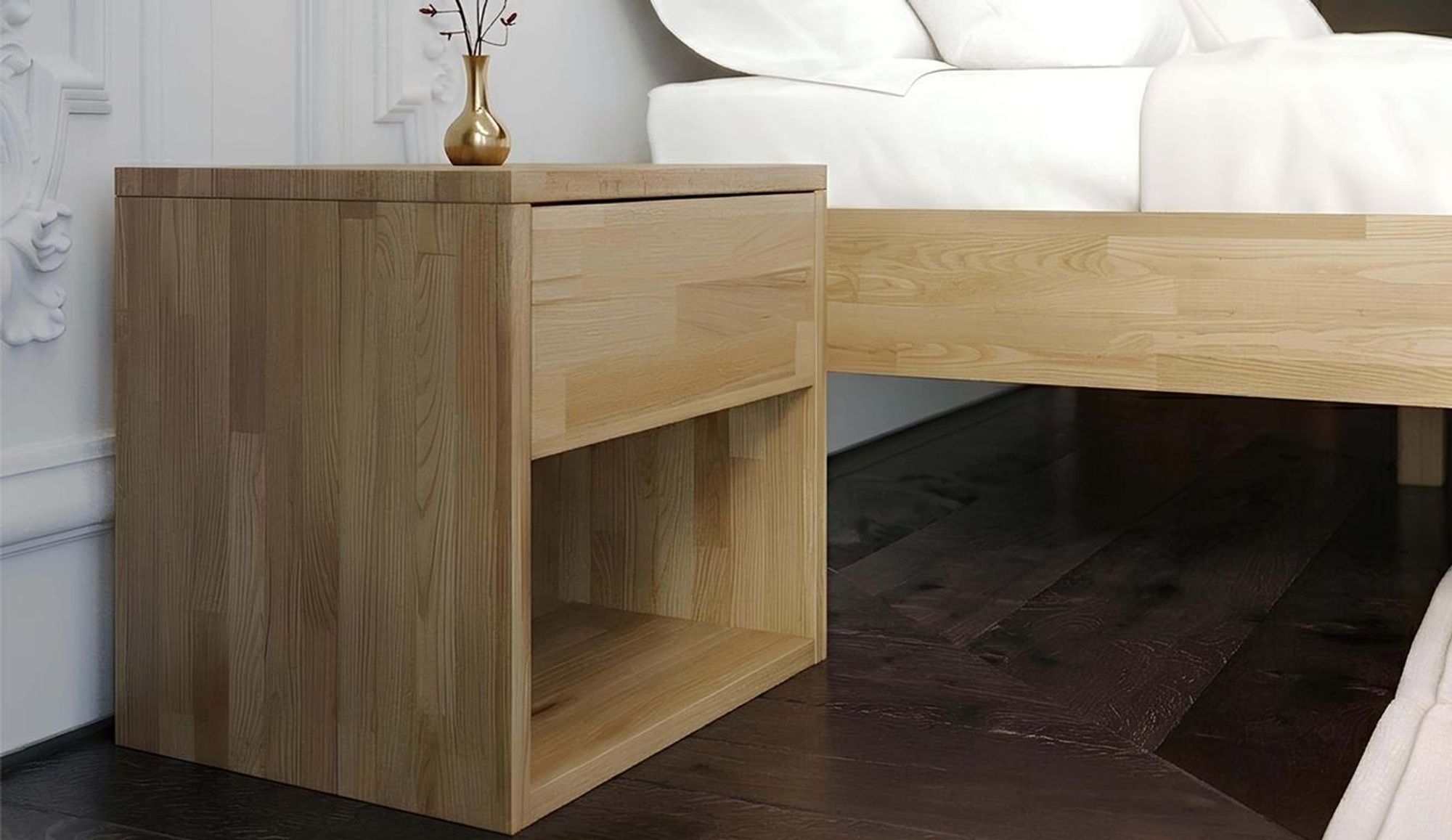 Krok Wood Nachttisch Jana aus Eiche Massivholz, geölt, mit Schublade, Farbe Natur 40x39x39 cm