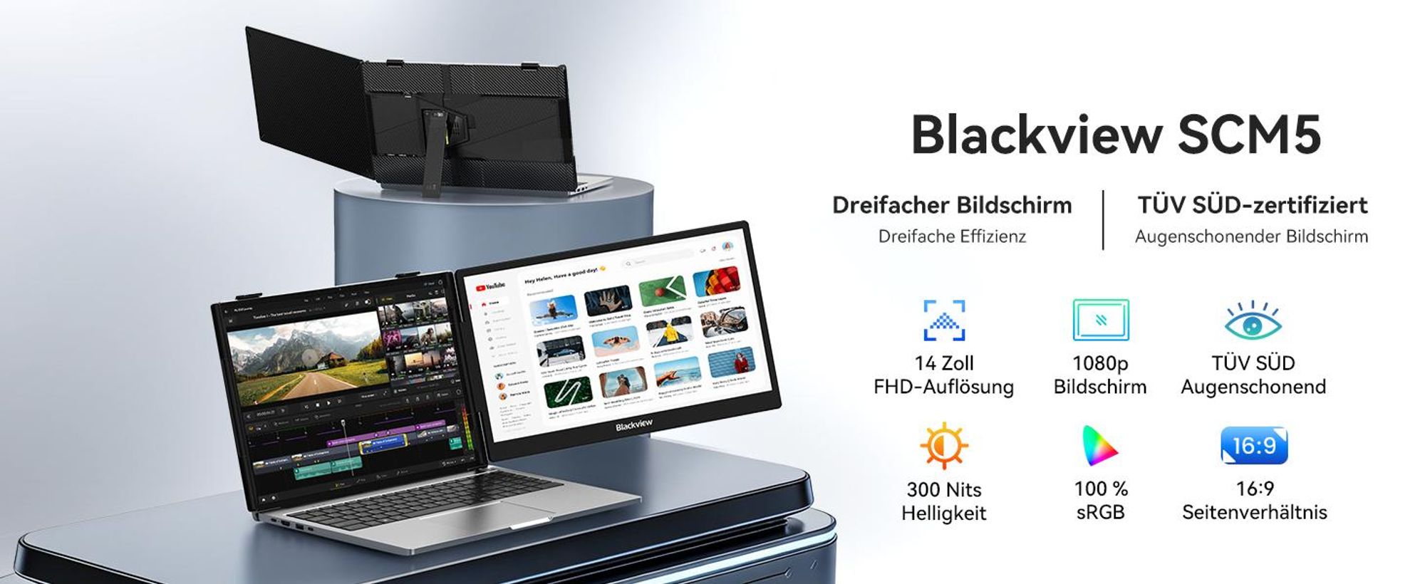 Blackview SCM5 Monitor, 14" FHD IPS 1080P Display, 995g, USB-C 100W PD, 0-180° Neigung, Ständer, SÜD, Polyamid-Oberfläche, für 13"-17.3" Laptops